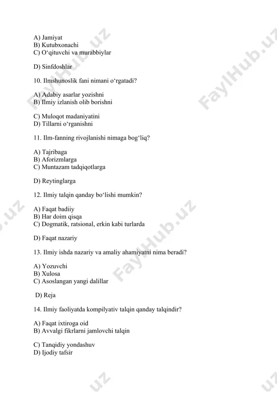 etod bir necha usullarni o'z ichiga oladi? misol bilan tushuntiring. 10. yaxshi loyihalangan ta'lim texnologiyasining asosiy afzalliklari nimalardan iborat? 11. tipologik metodda tillar qanday mezon asosida o'rganiladi? 12. qiyoslash-chog'ishtirish metodining asosiy maqsadi nima? 13. bu metodda qo'llaniladigan asosiy usullarni sanab bering. 14. genetik bog'liq bo'lmagan tillar qanday asosda taqqoslanadi? 15. chog'ishtirish metodida qanday hollarda adabiy til me'yorlari shakllantiriladi? 6 mavzu 1. tadqiqot metodini tanlashda qanday omillar hisobga olinishi lozim? 2. tadqiqot metodini noto'g'ri tanlash qanday oqibatlarga olib keladi? 3. metod va obyekt o'rtasidagi mutanosiblik nima uchun muhim? 4. fonetika va semantika tadqiqotlarida metod tanlashda qanday farqlar mavjud? 5. eksplitsit va implitsit bilimlar o'rtasidagi farq nimada? 6. ilmiy maktab tushunchasining ikki asosiy ma'nosini tushuntiring. 7. ilmiy maktablarda ustoz-shogird munosabatining ahamiyati nimada? 8. til o'rgatishda eksperimentdan qanday maqsadda foydalaniladi? 9. eksperiment qanday bosqichlardan iborat? 10. nazariy bilim va amaliy ko'nikma orasidagi bog'liqlikni tushuntiring. 11. asoslovchi tajriba-sinov ishlarining asosiy maqsadi nima? 12. talabalarning …