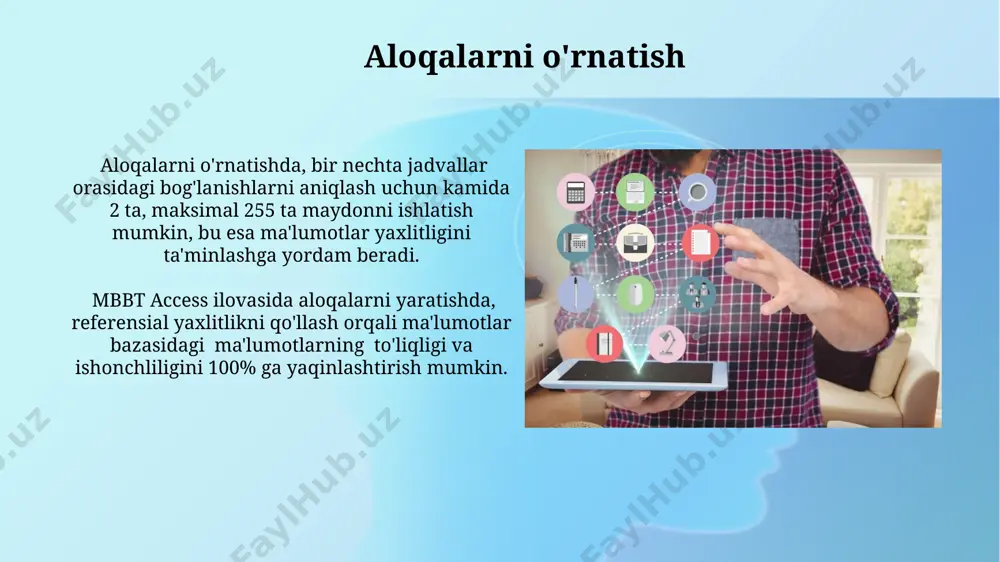 tahlil qilish imkoniyatlarini kengaytiradi. ma'lumotlar turlarini tanlash ma'lumotlar turini tanlashda, 10 ta belgidan ortiq bo'lgan matnlar uchun memo maydon turini, raqamli qiymatlar uchun esa integer yoki long integer kabi sonli ma'lumotlar turlarini ishlatish samaradorlikni oshiradi. sanalar va vaqtlarni saqlash uchun date/time ma'lumotlar turi optimallashtirilgan bo'lib, 2 bayt hajmdagi ma'lumotlarni samarali tarzda saqlaydi va qayta ishlaydi. normalizatsiya tushunchasi 3nf normalizatsiya shaklida, attributlar faqat nomini o'zida saqlaydigan va boshqa attributlarga bog'liq bo'lmagan tug'ma kalitlarga to'liq bog'liq bo'lishi kerak, bu esa ma'lumotlarning ortiqchaligini minimallashtiradi va ma'lumotlar yaxlitligini ta'minlaydi. normalizatsiya darajasi ma'lumotlarning qayta ishlanishini soddalashtiradi, so'rovlar tezligini oshiradi va ma'lumotlar bazasida 1-ko'p munosabatlarning (bir-ko'p bog'lanishlar) mavjudligini kamaytiradi, bu esa ma'lumotlar yaxlitligini yaxshilaydi. hisobotlarni yaratish va chop etish hisobotlarni chop etishdan avval, ma'lumotlarning to'g'riligi va 1000 ta qatorgacha bo'lgan katta hajmdagi ma'lumotlarni tekshirish uchun sql so'rovlari yordamida filtrlash tavsiya etiladi. har bir hisobot uchun alohida shablonlar yaratish va ularni hisobot turi (grafik, matnli, jadvalli) bo'yicha …