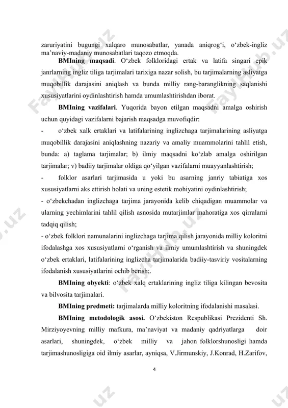 nalarini inglizchaga tarjima qilish jarayonida milliy koloritni ifodalashga xos xususiyatlarni o‘rganish va ilmiy umumlashtirish va shuningdek o‘zbek ertaklari, latifalarining inglizcha tarjimalarida badiiy-tasviriy vositalarning ifodalanish xususiyatlarini ochib berish;. bmining obyekti: o‘zbek xalq ertaklarining ingliz tiliga kilingan bevosita va bilvosita tarjimalari. bmining predmeti: tarjimalarda milliy koloritning ifodalanishi masalasi. bmining metodologik asosi. o‘zbekiston respublikasi prezidenti sh. mirziyoyevning milliy mafkura, ma’naviyat va madaniy qadriyatlarga doir asarlari, shuningdek, o‘zbek milliy va jahon folklorshunosligi hamda tarjimashunosligiga oid ilmiy asarlar, ayniqsa, v.jirmunskiy, j.konrad, h.zarifov, a.fyodorov, t.mirzayev, g‘.salomov, f.sulaymonova, n.komilov, g.gachechiladze, s.baura, h.paksoy, h.razzoqov, k.imomov, b.sarimsoqov, o.safarov, m.jo‘rayev, m.baqoyeva, f.jo‘ldosheva, q.musayev, m.xolbekov va boshqalarning folklorshunoslik va tarjimashunoslikka oid tadqiqotlari metodologik asos qilib olindi. bmining usullari. bitiruv malakaviy ishning maqsadidan kelib chiqib, ishda qiyosiy-tipologik va tarixiy tahlil metodlaridan foydalanildi. 1. xix - xx asrlarda amalga oshirilgan va ayni damda ingliz tiliga o‘girilayotgan folklor epik janrlari namunalari tarjimasi tarixi va xorijda o‘zbek xalk og‘zaki ijodi namunalarini o‘rgangan folklorshunos olimlar ishlarining …