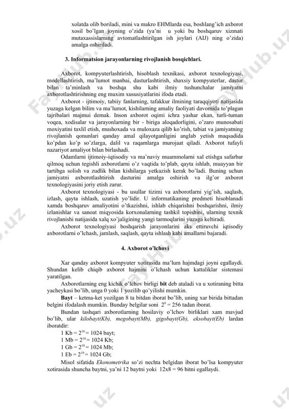 ig’ish va ro’yxatdan o’tkazish. 2. axborotlarni uzatish. 3. ma’lumotlarni kodlashtirish. 4. ma’lumotlarni saqlash va yig’ish. 5. axborotlarni izlash. 6. axborotni qayta ishlash, chop etish va axborotdan foydalanish. jarayon tarkibi, ularning shakllanishi va muxim xususiyati ko’p jixatdan iqtisodiy ob’yektga bog’liq. axborotning shakllanishidagi asosiy jarayonlarning bajarilish xususiyatlarini ko’rib chiqamiz: 1. axborotni yig’ish va ro’yxatdan o’tkazish. axborotlarni yig’ish va ro’yxatdan o’tkazish xar xil iqtisodiy ob’yektlarda xar xil kechadi. bu jarayon boshqarish jarayonlari avtomatlashtirilgan xalq xo’jaligi ob’yekti faoliyatini aks etgan boshlang’ich iqtisodiy hisobotni yig’ish va ro’yxatdan o’tkazish, amalga oshiriladigan ishlab chiqarish korxonalari, firmalar va boshqalarda ancha murakkabdir. shu o’rinda boshlang’ich ma’lumotning ishonchli, to’liq va zamonaviy bo’lishiga katta e’tibor beriladi. korxonada axborotni yig’ish va ro’yxatdan o’tkazish xar xil xo’jalik operatsiyalarini bajarish vaqtida sodir bo’ladi. (masalan: tayyor maxsulotlarni qabul qilish, materiallarni qabul qilish, yuborish va boshqalar). avval axborot yig’iladi, keyin mustaxkamlanadi. keltirilgan hisobotlar, misol uchun, ish joylarining o’zida ishlab chiqarilgan detallar, brak detallarning soni va boshqalar …