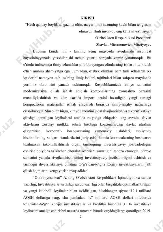 lagan holda polimer mahsulotlari, shu jumladan, polietilentereftalat (pet), polivinilxlorid (pvx), sintetik kauchuk, polistirol, poliuretan, poliol, akrilonitril-butadiyen-stirol (abs) plastik, poliakrilonitril (pan) mahsulotlarini chiqarildi kurs ishining dolzarbligi. bugungi kunda analitik kimyo usullari ichida titrimetrik analiz — ayniqsa cho‘ktirish reaksiyalariga asoslangan turlari — sanoat, tibbiyot, atrof-muhitni muhofaza qilish va farmatsevtik sohalarda keng qo‘llaniladi. bu usullar arzonligi, aniqligi va soddaligi bilan ajralib turadi. ayniqsa, cho‘kma hosil qiluvchi ionlarni aniqlash zarur bo‘lgan hollarda ushbu metodlarning qo‘llanishi dolzarb hisoblanadi. shuningdek, bu usul orqali aniq stexiometrik nisbatda va qisqa vaqt ichida tahlilni yakunlash imkoniyati mavjudligi uni laboratoriya sharoitida ham, ishlab chiqarishda ham ommabop qiladi. kurs ishining maqsadi. ushbu kurs ishining asosiy maqsadi — cho‘ktirish reaksiyalariga asoslangan titrimetrik analiz usullarini o‘rganish, ularning nazariy asoslarini, titrlash egri chiziqlari orqali aniqlikni baholash va amaliy tajribalarda bu usullarni qo‘llashni o‘rganishdan iborat. ayniqsa, argentometrik titrlash kabi usullarni o‘zlashtirish, ularni tahlil qilish va natijalarni to‘g‘ri talqin qilish ko‘nikmalarini shakllantirish muhim hisoblanadi. kurs ishining …
