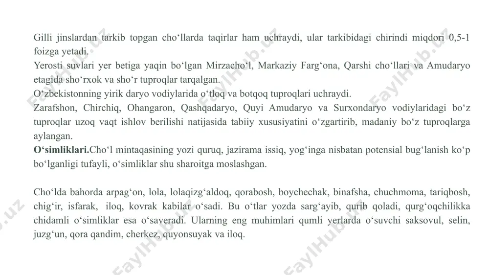 nok, xandon pista kabi mevali daraxtlar ham uchraydi. tog‘ mintaqasining 1400 m dan 2500 m gacha bo‘lgan balandliklarida archa, yong‘oq, turkiston qayini, teraklardan tashkil topgan o‘rmonlar uchraydi. o‘rmonlar suv oqimlarini tartibga soladi, sellarning oldini oladi, tuproqlarni yuvilib ketishdan saqlaydi, havo haroratini mo‘tadillashtiradi, havodagi zararli moddalarni yutib, kislorod chiqaradi. tog‘ mintaqasida hayvon turlari adirga nisbatan ko‘p. lekin havoning salqinligi tufayli sudralib yuruvchilar kam bo‘lib, oloy tog‘ iloni, turkiston agamasi uchraydi. tog‘ mintaqasida o‘rmon sichqoni, oq sichqon, ko‘rshapalak, oq suvsar, qunduz, o‘rmon olmaxoni, qo‘ng‘ir ayiq, chiрor sirtlon, silovsin, bo‘ri, tulki, bo‘rsiq, quyon, to‘ng‘iz yashaydi. qushlardan burgut, tasqara, itolg‘a, kaklik, boltatumshuq, bulbul kabilar mavjud. yaylov mintaqasi. yaylov mintaqasi 2700-2800 m dan balandda joylashgan bo‘lib, iqlimi sovuq va nam. bunday sharoitda och qo‘ng‘ir va o‘tloq tuproqlar hosil bo‘ladi. yaylov mintaqasi subalp va alp o‘tloqlaridan iborat. ayrim, quyoshga teskari yonbag‘irlarda yil bo‘yi qor saqlanishi mumkin. subalp o‘tloqlarda, asosan, baland bo‘yli o‘tlar, shuningdek, boshoqlilardan yovvoyi arpa, …