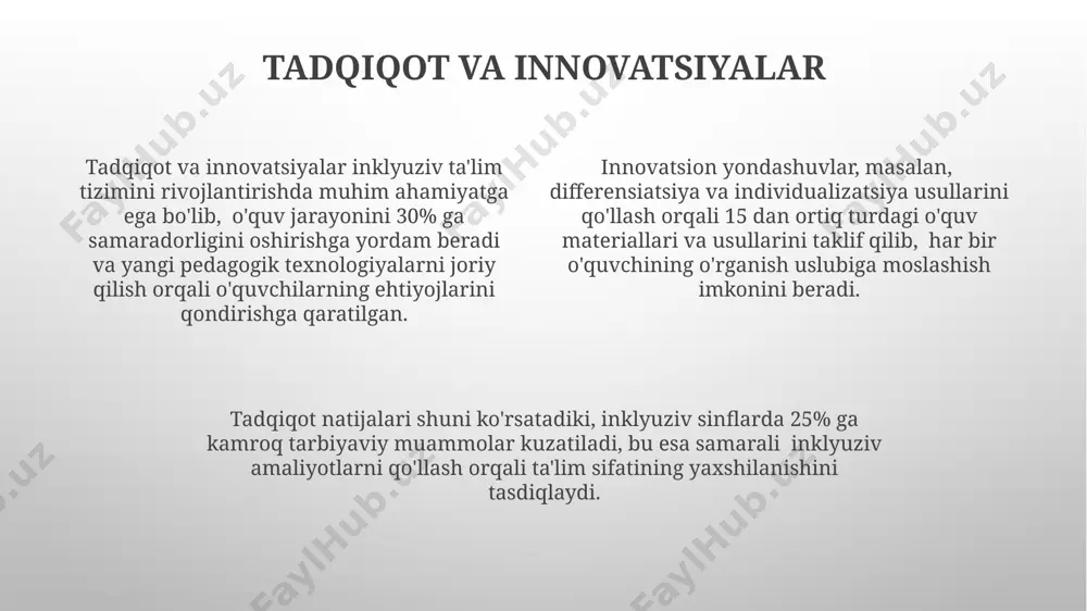 a'minlash kamida 3 ta turli o'quv uslublarini qo'llash orqali o'quvchilarning 80% dan ko'prog'i o'quv materialini yaxshiroq tushunishi va o'zlashtirishiga yordam berish – imkoniyatlarga teng kirishning muhim tarkibiy qismidir. imkoniyatlarga teng kirish, o'quv dasturlarining 100% ga yaqinini barcha o'quvchilar, shu jumladan, maxsus ehtiyojli bolalar uchun moslashtirishni, individual ta'lim rejalari va qo'llab-quvvatlovchi xizmatlarni ta'minlashni o'z ichiga oladi. imkoniyatlarga teng kirishni ta'minlash maktab binolarining 90% dan ortig'ini nogironlar aravachasi foydalanuvchilari uchun moslashtirilganligini, shuningdek, 15 turdagi qo'shimcha texnologiyalarni o'z ichiga olgan inklyuziv o'quv muhitini nazarda tutadi. moslashtirilgan ta'lim dasturlari moslashtirilgan ta'lim dasturlari individual o‘quvchilarning ehtiyojlariga moslashtirilgan bo‘lib, 3 dan ortiq turdagi o‘quv rejalari va 5 ta asosiy o‘quv sohasini o‘z ichiga oladi. moslashtirilgan ta'lim dasturlari, o‘quvchining individual rivojlanishini hisobga olgan holda, kamida 4 ta baholash tizimidan foydalanadi va o‘quv natijalarini yaxshilashga qaratilgan. ushbu dasturlar kamida 2 yil muddatga mo‘ljallangan bo‘lib, o‘quv jarayonining samaradorligini oshirish uchun 10% dan ortiq amaliy mashg’ulotlarni o‘z ichiga oladi. o'qituvchilarning …