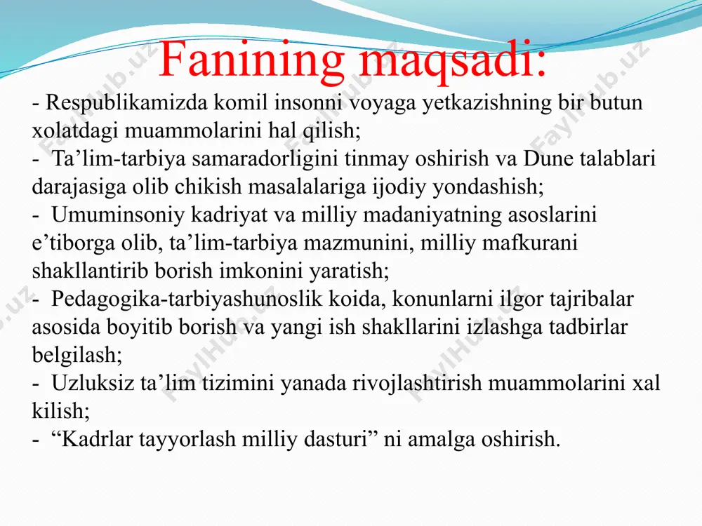 binolarini qurish, ta’lim-tarbiya jarayonlarini tashkil etish va ularning iqtisodiy jihatlarini anglashga xizmat qiladi.. 3. sotsiologiya –ijtimoiy munosabatlar mazmuni, ularni tahkil etish shartlari xususida ma’lumotlarga ega bo’lish asosida ta’lim-tarbiya jarayoni ishtirokchilarining o’zaro munosabatlarini samarali tashkil etish uchun imkoniyat yaratadi. 4. etika (axloqshunoslik) –shaxs ma’naviyatini shakllantirish, unda eng oliy insoniy sifatlar, axloqiy ong va ma’naviy-axloqiy madaniyatni tarbiyalashda muhim o’rin tutuvchi nazariy g’oyalarni pedagogik jarayonga tadbiq etishda alohida o’rin tutadi. 5. estetika – shaxs tomonidan go’zallikning his etilishi, unga intilishi, shuningdek, unda estetik didni tarbiyalashda muhim yo’nalishlarni aniqlashga xizmat qiladi. 6. fiziologiya – o‘quv-tarbiya jarayonida bolalarning fiziologik, anatomik xususiyatlarini inobatga olinishi uchun boshlang‘ich asoslarni beradi. 7. gigiena – o‘quvchilarning salomatligini muhofazalash, ularning jinsiy jihatdan to‘g‘ri shakllantirishda nazariy va amaliy g‘oyalari bilan yordam beradi. 8. psixologiya – shaxsda ma’naviy-axloqiy, ruhiy-intellektual, hissiy-irodaviy sifatlarni tarkib toptirish uchun zamin yaratadi. 9. tarix – pedagogika fani taraqqiyoti, ta’lim-tarbiya jarayonlarining dinamik, dialektik xususiyatlarini inobatga olish, shuningdek, xalq pedagogikasi g‘oyalarini …
