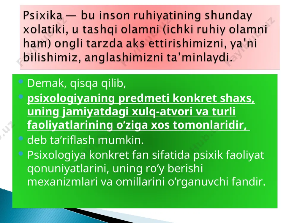 afa, tarix, san'atshunoslik, texnika, pedagogika fanlari bilan uzviy bog’liq 1.4.psixologiyaning asosiy metodlari aniq izlanish predmetiga ega bo’lgan har qanday fan o’sha predmetining mohiyatini yoritish va materiallar to’plash uchun maxsus usullar va vositalardan foydalanadi va ular fanning metodlari deb yuritiladi. fanning salohiyati va obro’si ham birinchi navbatda o’sha metodlar yordamida to’plangan ma’lumotlarning ishonchliligi va validliligiga bog’liq bo’ladi. bu fikrlar bevosita psixologiyaga ham aloqador bo’lib, metodlar masalasi bu fanda juda katta ahamiyatga molik masala sifatida qaraladi 1.5. psixologiyaning asosiy metodlari asosiy metodlar asosiy metodlarning variantlari kuzatish metodi tashqi (obyektiv kuzatish)ichki (subyektiv, o’z-o’zini kuzatish)erkin kuzatuv standartlashtirilganguruh ichida kuzatishguruh tashqarisida kuzatish so’roq metodlari og’zaki so’roqyozma so’roqerkin so’roq (suhbat) standartlashtirilgan so’roq testlar metodi test-so’rovtest-topshiriqproyektiv test sosiometrik test eksperiment tabiiy eksperiment laboratoriya eksperimenti modellashtirish matematik modellashtirish mantiqiy modellashtirishtexnik modellashtirish kibernetik modellashtirish psixikaning taraqqiyoti haqida so’zlaganda: 1) hayvonlar psixikasining taraqqiyotini, 2) odam ongining tarixiy taraqqiyotini, 3) odam psixikasining yoshga qarab taraqqiy qilishini nazarda tutiladi. hayvonlar psixikasi. yuqorida …