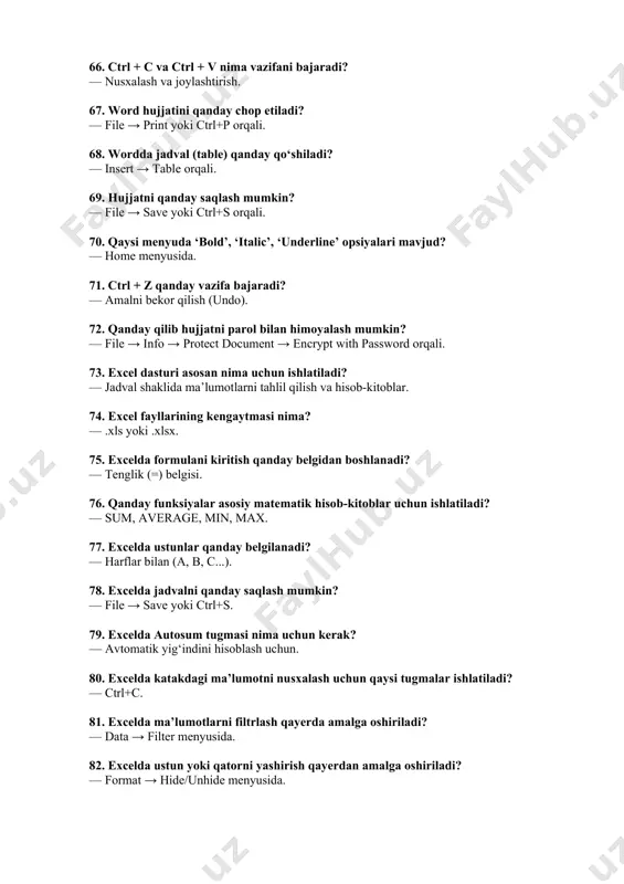 l (table) qanday qo‘shiladi? — insert → table orqali. 69. hujjatni qanday saqlash mumkin? — file → save yoki ctrl+s orqali. 70. qaysi menyuda ‘bold’, ‘italic’, ‘underline’ opsiyalari mavjud? — home menyusida. 71. ctrl + z qanday vazifa bajaradi? — amalni bekor qilish (undo). 72. qanday qilib hujjatni parol bilan himoyalash mumkin? — file → info → protect document → encrypt with password orqali. 73. excel dasturi asosan nima uchun ishlatiladi? — jadval shaklida ma’lumotlarni tahlil qilish va hisob-kitoblar. 74. excel fayllarining kengaytmasi nima? — .xls yoki .xlsx. 75. excelda formulani kiritish qanday belgidan boshlanadi? — tenglik (=) belgisi. 76. qanday funksiyalar asosiy matematik hisob-kitoblar uchun ishlatiladi? — sum, average, min, max. 77. excelda ustunlar qanday belgilanadi? — harflar bilan (a, b, c...). 78. excelda jadvalni qanday saqlash mumkin? — file → save yoki ctrl+s. 79. excelda autosum tugmasi nima uchun kerak? — avtomatik yig‘indini hisoblash uchun. 80. excelda katakdagi …