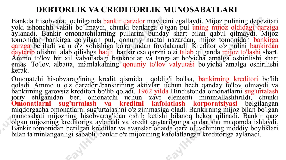 munosabatlar oddiy tijorat qarzlaridan kelib chiqadigan o'xshash munosabatlardan quyidagi jihatlari bilan farq qiladi: (i) kreditor to'lovni talab qilishi kerak. oddiy tijorat qarzi bo'lsa, qarzdor shartnoma shartlariga ko'ra, belgilangan sanada yoki undan oldin yoki kreditor talab qilganda to'laydi. ammo bankka omonat qo'yilganda qarzdor/bankir o'z xohishiga ko'ra summani to'lashi shart emas. omonatchi (kreditor) omonatni to'lash to'g'risida tegishli tartibda talab qo'yishi shart. bu farq bankirning oddiy qarzdor emasligidan kelib chiqadi; u o'z mijozining cheklarini hurmat qilish uchun qo'shimcha majburiyat bilan depozitlarni qabul qiladi. agar u omonatga qo'yilgan summani o'z xohishiga ko'ra hisobni yopish orqali qaytarsa, omonatchi tomonidan berilgan cheklarning bir qismi salbiy bo'lishi va uning obro'siga salbiy ta'sir ko'rsatishi mumkin. bundan tashqari, bank faoliyatining qonuniy ta'rifiga ko'ra, omonatlar talab qilib olingunga qadar yoki boshqa tarzda qaytarilishi mumkin. omonatchi omonatni daromad olish maqsadidan tashqari (joriy hisobdan tashqari) o‘ziga qulaylik uchun kiritadi. depozitga qo'yilgan pulni qaytarish uchun kreditorning talabi juda muhimdir. shunday qilib, mijozning o'z …