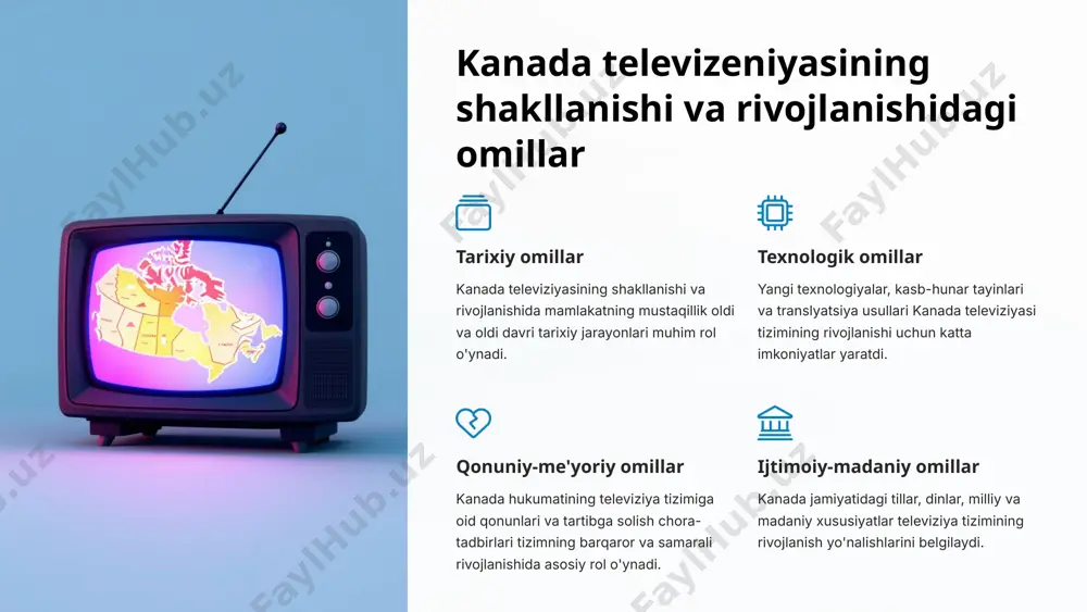 kanada televideniyasi mamlakatning turli madaniy va etnik guruhlarini birlashtirish, umumiy milliy ahamiyat bilan birlashtirish vazifasini bajaradi. 2 mintaqaviy rivojlanishni rag'batlantirish turli mintaqalar va hududlarning o'ziga xos xususiyatlari va ehtiyojlarini aks ettirish orqali kanada televideniyasi mintaqaviy manfaatlarni himoya qiladi. 3 jahon miqyosidagi ta'sirni yuksaltirish kanada televideniyasi orqali mamlakatning madaniyati, qadriyatlari va xalqaro mavqei jahon miqyosida namoyon bo'ladi. 5 kanada televideniyasining asosiy qonunchilik va tartibga solish tizimi kanada televideniyasi faoliyati kanada kommunkasiya qoidalari orqali tartibga solinadi. bu qoidalar efir vaqtidan samarali foydalanish, sifatli dasturlarni namoyish etish, mahoratli kadrlarni jalb qilish, pul mablag'laridan oqilona foydalanish kabi masalalarga e'tibor qaratadi. televideniya faoliyati mintaqaviy va federal darajadagi bir nechta davlat agentliklari tomonidan nazorat qilib boriladi. ular televideniya litsenzirlari berish, reklama siyosatini belgilash kabi vazifalarni amalga oshiradilar. 6 kanada televideniyasida texnologik taraqqiyot va innovatsiyalar kanada televideniyasi tez sur'atlar bilan rivojlanib, yangi texnologiyalar va innovatsiyalarni qo'llashda peshqadam. ayniqsa, raqamli translatsiya, internet televideniyi hamda ummumxalq mijozlar uchun interaktiv …