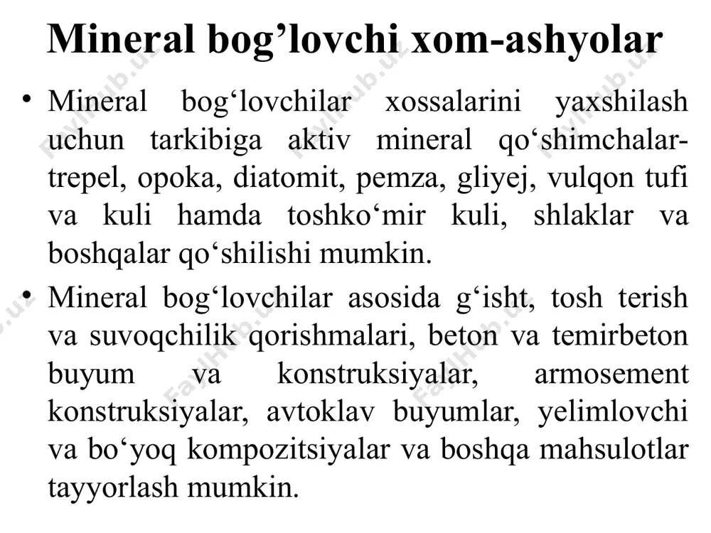 orlanganda kislotaga chidamli to‘ldiruvchilar: kvars qumi, andezit, granit chaqiq tosh ishlatilishi kerak. kislotabardosh material va buyumlar kimyoviy apparatlar ichini qoplashda, kimyo va o‘g‘itlar ishlab chiqarish sanoatida, omborxonalar, rezervuarlar va boshqa inshootlar qurilishida agressiv muhitlardan himoyalovchi sifatida ishlatiladi etiboringiz uchun rahmat /docprops/thumbnail.jpeg