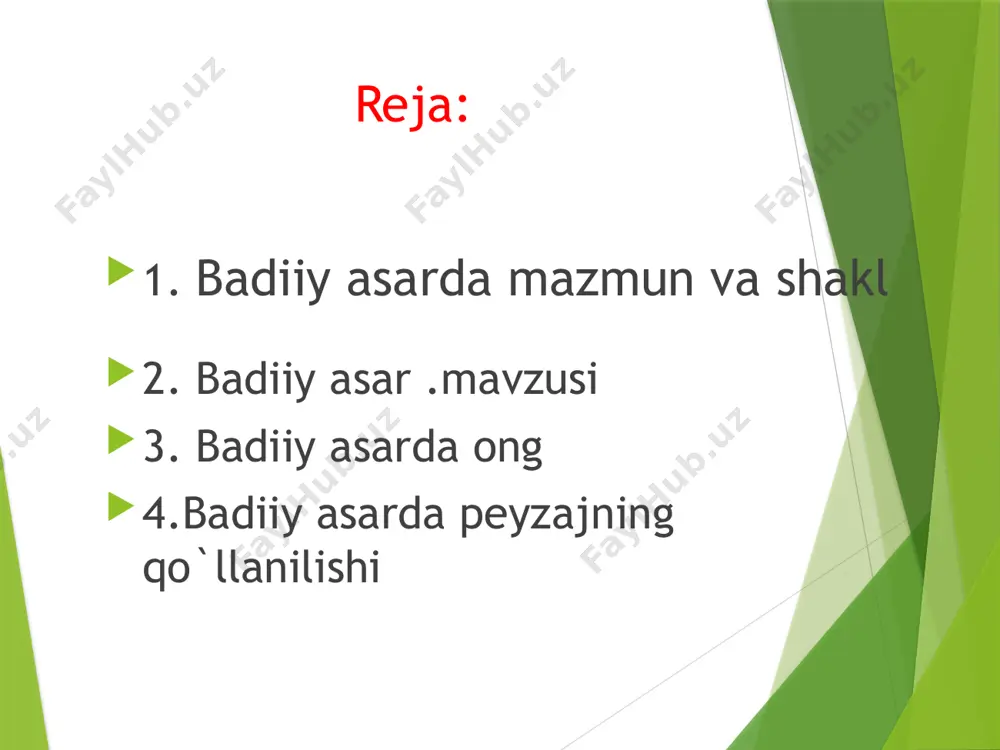 irgi adabiyotda umumiy shakl boʻlib koʻringan jihatlar qachondir mazmun boʻlgan. janrning oʻziga xos xususiyatlarini belgilaydigan koʻpgina tomonlar dastlab shakl holatida emas, balki mazmunga aloqador boʻlib koʻringan. ular bir necha asarda, bir necha yozuvchi ijodida takrorlanaverib, qatʼiylashgandan keyingina shakliy hodisaga aylangan. masalan, novellalarga xos syujet, ixchamlik, loʻndalik va boshqa dastlab janr belgilari sifatida emas, balki shakliy belgilardan kengroq, mazmundan ajralmaydigan xususiyatlar koʻrinishida namoyon boʻlgan. bokkachchoning "dekameron" asari yaratilganidan keyingina novella janriy shakl sifatida tan olindi. shakl mazmunga tobe boʻlgani holda, oʻzi ham nisbatan mustaqillik xususiyatiga ega. bu nisbiy mustaqillik, badiiy asarning shakli no-mukammal boʻlganda, ayniqsa, seziladi. bunda asarning mazmuniga putur yetadi, mazmun yorqinligi va taʼsirchanligini yoʻqotadi. chinakam sanʼat asarida mazmun. va shaklning birligi, yaxlitligi talab qilinali. badiiy asarda tabiat tasviri peyzaj deyiladi.peyzaj asar voqealari sodir bo`layotgan joyni tasavvur qilish imkonini beradi.shu bilan birga,peyzaj o`quvchida ma`lum bir kayfiyat uyg`otish yoki qahramonlar nutqiy holatini tushunishga yordam berishiham mumkin. /docprops/thumbnail.jpeg