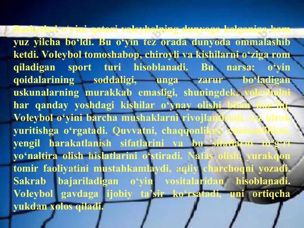 adilar. o‘yin uch yoki besh partiyadan iborat bo‘ladi. ko‘proq partiyada g‘olib chiqqan jamoa yenggan hisoblanadi (masalan: 2 : 1 yoki 3 : 2 hisob bilan). o‘yin maydoni (18×9m) o‘rtasidan ko‘ndalangiga 2- 2,45 m balandlikda setka-to‘r (eni 1 m.) tortiladi mashg‘ulotlar zal yoki ochiq havoda o‘tkazilishi ham mumkin. ammo maydon atrofida turli xavfli narsalar: to‘nkalar, tunukalar bo‘lmasligi lozim. maydon shunday joyda bo‘lishi kerakki, o‘yin chog‘ida quyosh nuri ko‘zga tushmasin. maydon 5 sm kenglikdagi chiziq bilan o‘raladi. u ham maydon sathiga kiradi. maydon o‘rtasidagi chiziq uni ikkiga bo‘lib turadi. har bir maydonchaning to‘g‘ri chizig‘i orqasidan to‘pni o‘yinga kiritiladi. o‘rta chiziq bo‘ylab (chetki chiziqdan 50—100 sm uzoqlikda) voleybol ustunchalari o‘rnatiladi. ustunchada o‘g‘il bolalar uchun ilmoq balandligi 2 m 20 sm, qizlar uchun 2 m 10 sm; o‘smirlar uchun 2 m 35 sm, erkaklar uchun 2 m 43 sm, ayollar uchun 2 m 24 sm bo‘ladi. aytib o‘tganimizdek, voleybol to‘ri o‘rtadan tortiladi. to‘r bir …