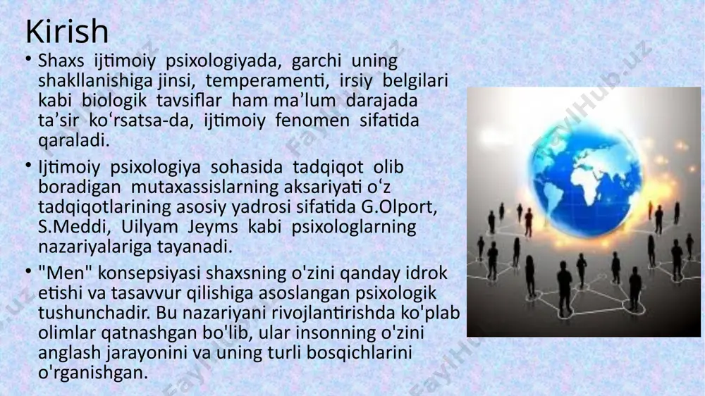 i hisoblanadi. allport "men"ni mustaqil va o'ziga xos shaxsiy tuzilma sifatida qaraydi. u shaxsning o'zini anglash jarayoni asta-sekin rivojlanishini ta'kidlaydi, bu jarayon odatda bolalik davridan to yetuklikgacha davom etadi. allportning fikricha, o'z-o'zini anglash shaxsning o'z tajribasi, e'tiqodi, qiziqishlari va qadriyatlari orqali shakllanadi. insonning o'zini identifikatsiya qilishi va o'zini boshqarishi psixologik salomatlikning asosiy belgilaridan biri deb hisoblanadi. u "propriate strivings" – ya'ni o'zini rivojlantirish va maqsadlarni amalga oshirishga intilishlarni alohida ta'kidlaydi, bu esa shaxsning hayotda o'z o'rnini topishiga yordam beradi. 2. salvatore maddining "men" konsepsiyasi salvatore maddi o'zining "qattiq xarakterli shaxsiyat" (hardiness) nazariyasi bilan mashhur. u psixologik chidamlilikni rivojlantirish jarayonida "men"ning o'rni va shaxsiy identifikatsiyani o'rganib chiqadi. maddining fikricha, "men" tushunchasi insonning stress va qiyinchiliklarga qarshi turish qobiliyati bilan bog'liq bo'lib, kuchliroq "men"ga ega bo'lgan shaxslar hayotdagi qiyinchiliklarni yengib, o'zini rivojlantirishda muvaffaqiyat qozonadi. maddi uchta asosiy xususiyatni ajratib ko'rsatadi: majburiyat (commitment), nazorat (control) va qiyinchiliklarni qabul qilish (challenge). ushbu xususiyatlar "men"ni …