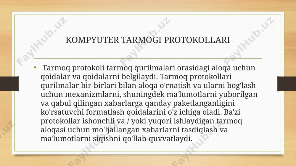 alish protokoli yo'nalish protokoli murakkab kompyuter tarmog'ida (intranet) ma'lumotlar uzatish yo'nalishlarini aniqlash uchun ruter (ruter) tomonidan ishlatiladigan tarmoq protokoli (osi modeli 3-darajali). xususan, barcha marshrutlarni ruterlarga qo'lda kiritishning oldini olish uchun marshrutlash protokollaridan foydalaniladi, bu tizim ma'murlari ishini tejaydi va routerlarni konfiguratsiyalashda xatolar sonini kamaytiradi. yonaltiruvchi protokollar asoslangan algoritm turlariga qarab ikki turga bo'linadi: uzoq vektorli protokollar, masofaviy vektor algoritmiga asoslangan ( dva ); aloqa kanali holati protokollari, aloqa davlat algoritmiga asoslangan ( lsa ). bundan tashqari, marshrutlash protokollari dastur doirasiga qarab ikki turga bo'linadi: domenlararo marshrutlash; intradomain marshrutizatsiyasi. yo'nalish protokollari ro'yxati quyidagi protokollardan iborat: rip v1 / v2, ripng (ipv6), ospf, bgp v4 (ipv6). tarmoq protokollari qanday amalga oshiriladi? zamonaviy operatsion tizimlar ba'zi bir tarmoq protokollarini qo'llab- quvvatlaydigan o'rnatilgan dasturiy ta'minot xizmatlarini o'z ichiga oladi. veb- brauzerlar kabi ilovalar ushbu dasturning ishlashi uchun zarur bo'lgan yuqori darajali protokollarni qo'llab-quvvatlaydigan dasturiy kutubxonalarini o'z ichiga oladi. ba'zi bir past darajadagi tcp …