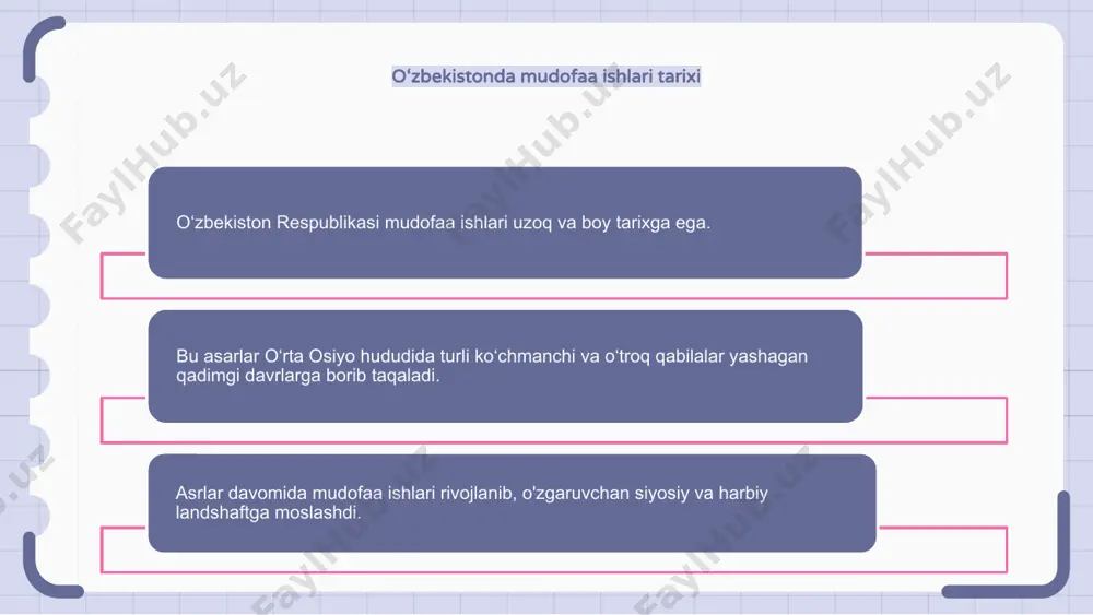 samaradorligini oshiradi. o‘zbekiston mudofaa kuchlari ilg‘or texnologiyalarni qo‘llash orqali mamlakat chegaralarini nazorat qilish va qo‘riqlash imkoniyatiga ega. bundan tashqari, texnologiya murakkab qurol va jihozlarni ishlab chiqishga imkon beradi, mudofaa kuchlariga xalqni turli tahdidlardan himoya qilish imkoniyatini beradi. harbiy tayyorgarlik va yollash o‘zbekiston respublikasining mudofaa ishlariga harbiy tayyorgarlik va chaqiruv kiradi. harbiy tayyorgarlik qurolli kuchlarning tayyorgarligi va samaradorligini ta'minlashning muhim jihati hisoblanadi. ishga yollash harakatlari malakali shaxslarni harbiy xizmatga jalb qilish va tanlashga qaratilgan. terrorizm tahdidlari va unga qarshi choralar o'zbekiston turli xil terrorizm tahdidlariga duch kelmoqda, bu esa mamlakat mudofaa tizimiga jiddiy muammo tug'diradi. hukumat ushbu tahdidlarga qarshi kurashish va milliy xavfsizlikni ta’minlashga qaratilgan chora-tadbirlarni amalga oshirdi. bu chora-tadbirlar razvedka ma'lumotlarini yig'ish, xalqaro hamkorlar bilan hamkorlik qilish va chegara xavfsizligini oshirishni o'z ichiga oladi. 1 2 3 kiberxavfsizlik va mudofaa o‘zbekiston respublikasining kiberxavfsizlik va mudofaa sohasidagi mudofaa ishlari mamlakatning raqamli infratuzilmasini himoya qilish va fuqarolar xavfsizligini ta’minlashga qaratilgan. hukumat kibertahdidlarga …