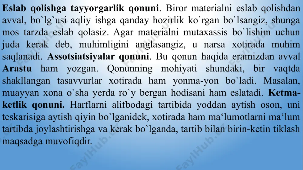 ib qolish va yana qayta esga tushirish ixtiyorsiz xotira deb ataladi. oldimizga bironta maqsad qo'yib esda olib qolganimizda ixtiyoriy xotira haqida gap boradi. har kimning o'ziga xos xotira xususiyatlari bor. har kimning xotirasidagi farq xotiraning kuchida ifodalanadi. ma'lumki, xotirasi kuchli va xotirasi zaif odamlar bor. xotiraning kuchli-kuchsiz bo'lishi esda olib qolish va esdan chiqarish tezlik darajasiga qarab belgilanadi. tez esga olib sekin, bora-bora unutish kuchli xotiraning xarakterli xususiyati bo'lsa, sekin esda olib qolish va tez esdan chiqarib qo'yish kusiz xotira belgilaridandir. xotira qonuniyatidan samarali foydalanish uchun eslab qolish va esga tushirish jarayonida tabiiy assotsiatsiyalardan foydalanishni, shuningdek, xotiraning ishini yengillashtiruvchi sun‘iy assotsiativ aloqalar o`rnatishni o`rganish zarur. e`tiboringiz uchun raxmat! /docprops/thumbnail.jpeg