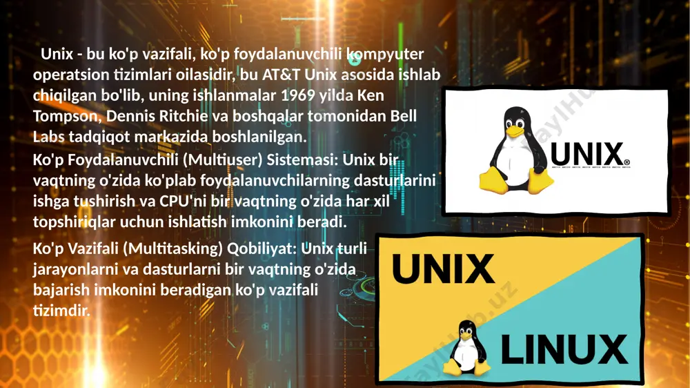 mple tools, each of which performs a limited, well-defined function. unix asoschilari — ken thompson va dennis ritchie unix endi kichik tizim emas, u juda kuchli tizimdir. windows va dos dan farqli o'laroq, unix bir vaqtning o'zida bir nechta foydalanuvchilar tomonidan ishlatilishi mumkin. unix tizimi bilan qobiq deb ataladigan buyruq qatori tarjimoni orqali o'zaro aloqada bo'lishingiz mumkin. unix - bu kompyuter operatsion tizimi bo'lib, u birinchi marta 1971-yil 3-noyabrda ishlab chiqilgan va o'shandan beri doimiy ravishda yangilanib turadi. unix ning xususiyatlariunix - bu operatsion tizim, shuning uchun u otda bo'lishi kerak bo'lgan barcha xususiyatlarga ega. unix, shuningdek, bir nechta narsalarga boshqa ot larga qaraganda boshqacha tarzda qaraydi. image1.jpeg image2.jpeg image3.png image4.jpeg image5.jpeg image6.jpeg image7.jpeg image8.jpeg image9.jpeg /docprops/thumbnail.jpeg
