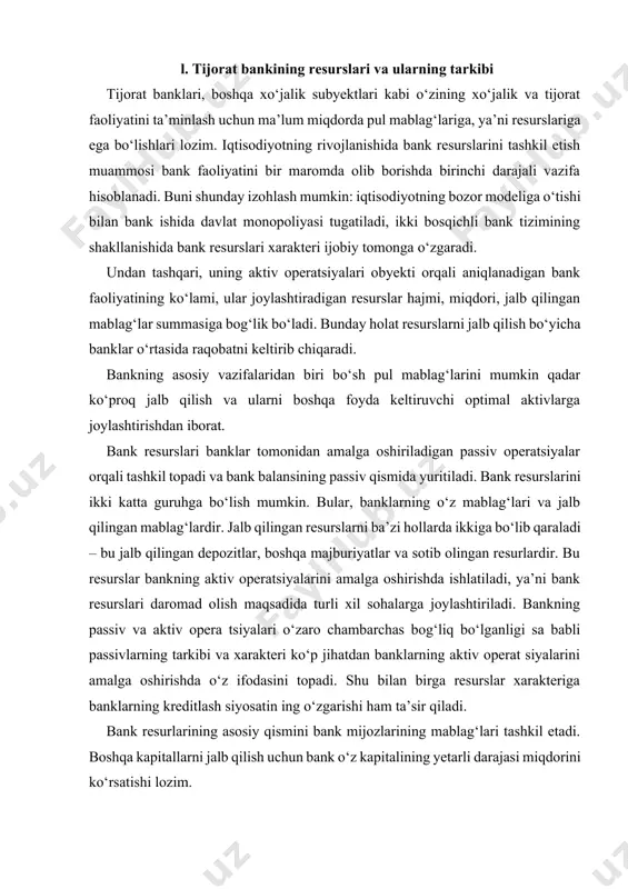 ning passiv va aktiv opera tsiyalari o‘zaro chambarchas bog‘liq bo‘lganligi sa babli passivlarning tarkibi va xarakteri ko‘p jihatdan banklarning aktiv operat siyalarini amalga oshirishda o‘z ifodasini topadi. shu bilan birga resurslar xarakteriga banklarning kreditlash siyosatin ing o‘zgarishi ham ta’sir qiladi. bank resurlarining asosiy qismini bank mijozlarining mablag‘lari tashkil etadi. boshqa kapitallarni jalb qilish uchun bank o‘z kapitalining yetarli darajasi miqdorini ko‘rsatishi lozim. tijorat banki o‘z mijozlarining bo‘sh turgan mablag‘larini qarzga olish bilan bir vaqtning o‘zida bu mablag‘larni o‘z vaqtida qaytarilishini ta’minlash majburiyatini ham oladi, shuning uchun ham bank barqaror likvidlikka ega bo‘lishi kerak. ishonchlilik va likvidlilik tamoyillari tijorat banki mavjudligining zarur shartlaridan bo‘lib, ular aholining bo‘sh turgan pul mablag‘larining bankka oqimini ta’minlaydi. undan tashqari bankning ahvoli moliyaviy jihatdan kam samarali bo‘lgan holatda mijozlar o‘z mablag‘larini qaytarib olishlariga ishonch hosil qilishlariga zamin yaratadi. resurslar yordamida banklarning tashkiliy faoliyati amalga oshiriladi, kreditlar berish salohiyati, to‘lovlar, banklarning daromadlari vujudga keltiriladi. bank resurslarining aylanishini …