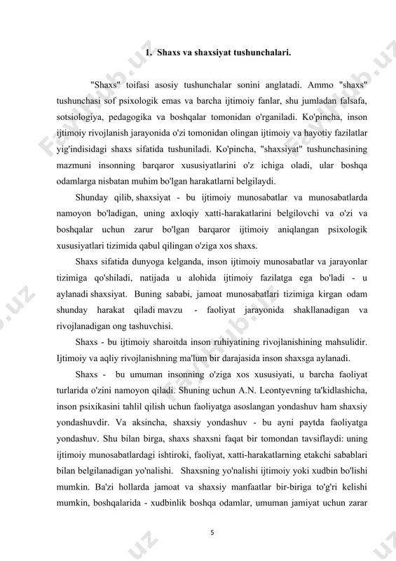 an sinf millatiga xos. ko‘pgina umumiy sifatlarga ega bo‘lish bilan bir qatorda o‘zining shaxsiy fazilatlariga egaki, bu sifatlar uni takrorlanmas individuallikga aylantiradi. olamda bir xil kishi yo‘q. individullaik kishining o‘ziga xosligini uning boshqa odamlardan farqini aks ettiruvchi psixologik fazilatlar birikmasidir. individuallik temperament va xarakter xususiyatlaridan odatlarda, ustun darajadagi qiziqishlarda, bilish jarayonlarga oid fazilatlar (idrok, xotira, tafakkur, tasavvur)da qobiliyatlarda faoliyatning shaxsga xos uslubida va hokazolarda namoyon bo‘ladi. zikr etilgan psixologik xususiyatlarning bir xildagi birikmasini o‘zida mujassamlashtirigan odam yo‘q – inson shaxsi o‘z individualligi jihatidan betakrordir. shunday qilib, individuallik inson shaxsiga xos fazilatlarning faqat bitta jihati bo‘lib hisobalanadi, xolos. ma’lumki odam jamiyatda turli guruhlarda (oilada, o‘qishda, ishda, davrada) bo‘ladi. har bir guruhda o‘ziga xos ba’zan butunlay bir-biriga o‘xshamaydigan rollarni o‘ynaydi. lekin shunga qaramay, ko‘pincha odam turli vaziyatlarda o‘xshash sifatlarni namoyon qiladi. bir qarashda qarama-qarshi ko‘ringan xususiyatlarning namoyon bo‘lishida umumiylik bor. ana shu shaxs sifatlarning bir-biriga mosligi shaxsning yaxlitligini ko‘rsatadi. shaxsning psixologik ko‘rinishi, …