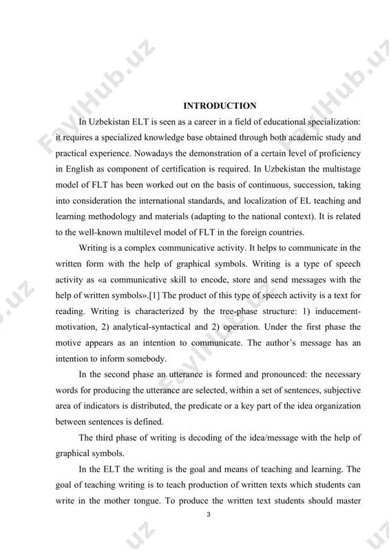 e learning. it is important for developing all skills. writing serves as learning and controlling means. the subject matter of this course paper is that writing as a skill is very important in teaching and learning a foreign language; especially writing. the object of this course paper is devoted to study the role of writing unit in the language teaching and use of writing units as educational technologies. the actuality of the course paper is determined by the necessity teaching writing units in a particular age groups. the aim and hypothesis require solving the following tasks: - to study, analyze, and sum up the modern methods of teaching writing. - to analyze advantages and disadvantages - to explore techniques of developing writing skill in ielts preparatory courses the structure of course paper consists of introduction, main part, conclusion and bibliography. the sources of the course paper. while investigating the course …