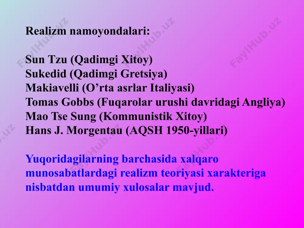 siyosat haqida qayg’urmasang bora- bora ichki siyosat nolga teng bo’lishi mumkin. (makiavelli) ichki siyosatning olib borilish davlat ichida kuchlilik yoki zaiflikni olib keladi ,bularning davom etishi esa albatta tashqi siyosat bilan bo’g’liq. klassik siyosiy rrealizm asoslari aktorlar - davlatlar va hukumatlar (hukumatlararo ittifoqlar) xalqaro munosabatlar tabiati - anarxiya maqsad - milliy manfaatlarni himoyalsh. davlatning maksimal xavfsizligini ta’minlash omillar – kuchlar muvozanatini ushlab turish uchun kuchni yo’naltirish (harbiy,siyosiy ) jarayonlar – konfliktlar va urush. urush siyosiy rea - lizmning eng oxirgi chorasi. xalqaro munosabatlar kelajagi – noaniq xarakterga ega jahon siyosati – tashqi siyosiy faoliyat olib borayotgan kuchlar yig’indisi qonun- inson xarakteri va tabiatini berkitish uchun vosita xalqaro munosabatlar nazariyasi - xalqaro munosabatlar nazariyasiga oid barcha konsepsiya, qarashlar va nazariyalar yig’indisi цыганков п.а. теория международных отношений: учеб. пособие. – м., 2002. с. 116. aktorlar - davlatlar va hukumatlar (hukumatlararo ittifoqlar) xalqaro munosabatlar tabiati - anarxiya maqsad - milliy manfaatlarni himoyalsh. davlatning …