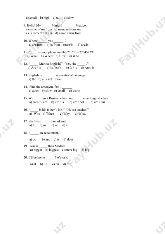 c) more big d) big 20. i’ll be home _____ 7 o’clock. a) at b) in c) on d) of karshi engineering economic institute department of foreign languages «confirmed» head of the foreign languages department __________________ final examination question paper question paper 2 group:__________________student`s name:___________________________________________ questions 1 2 3 4 5 6 7 8 9 10 11 12 13 14 15 16 17 18 19 20 answers correct answers: ___________ mark: ___________ 1.find the word or phrase that best completes the sentence: he can't go to see her tonight. he hasn't got _____ time. a) many b) much c) some d) a 2. choose the right translation: politely a) odobsiz b) qo’pol c) befoyda d) xushmuomalalik bilan 3. choose the right translation: preparation a) betayin b) tayyor emas c) tayyorgarlik d) betaraf 4. choose the right translation: prominent a) mashhur b) mavhum c) majbur d) majhul 5. choose the right …