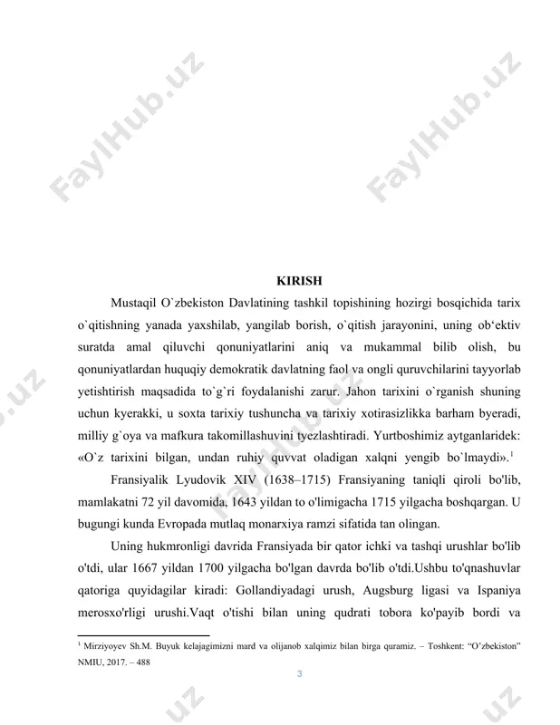 iq holda vazifalar quyidagicha shakllantiriladi: · lyudovik xiv ning taxtga chiqishi davridagi siyosiy vaziyat · lyudovik xiv ning hayoti · lyudovik xivning ichki siyosati · lyudovik xivning tashqi siyosati ishda qo'llaniladigan tadqiqot usullari: tahlil, sintez, umumlashtirish, tarixiy usul. kurs ishi tarkibi kirish, 2 bob va pharagirflar, xulosa va foydalanilgan adabiyotlardan iborat. i bob. lyudovik xiv fransiya imperatori 1.1. lyudovik xiv ning taxtga chiqishi davridagi siyosiy vaziyat. louis-dieudonnet ismini tug'ilganda olgan lui xiv de burbon (" xudo tomonidan berilgan", fr. louis-dieudonne), shuningdek, "quyosh qiroli" (fr. louis xiv le roi soleil) sifatida ham tanilgan, shuningdek, lui xiv buyuk, (1638 yil 5 sentyabr (16380905), sen-jermen-en-laye - 1715 yil 1 sentyabr , versal) - 1643-yil 14-maydan fransiya va navarra qiroli . u 72 yil hukmronlik qildi - bu tarixdagi boshqa evropa monarxlaridan uzoqroq. yoshligida frond urushlaridan omon qolgan lui bu tamoyilning sodiq tarafdoriga aylandi. mutlaq monarxiya va shohlarning ilohiy huquqi (uni ko'pincha "davlat - …