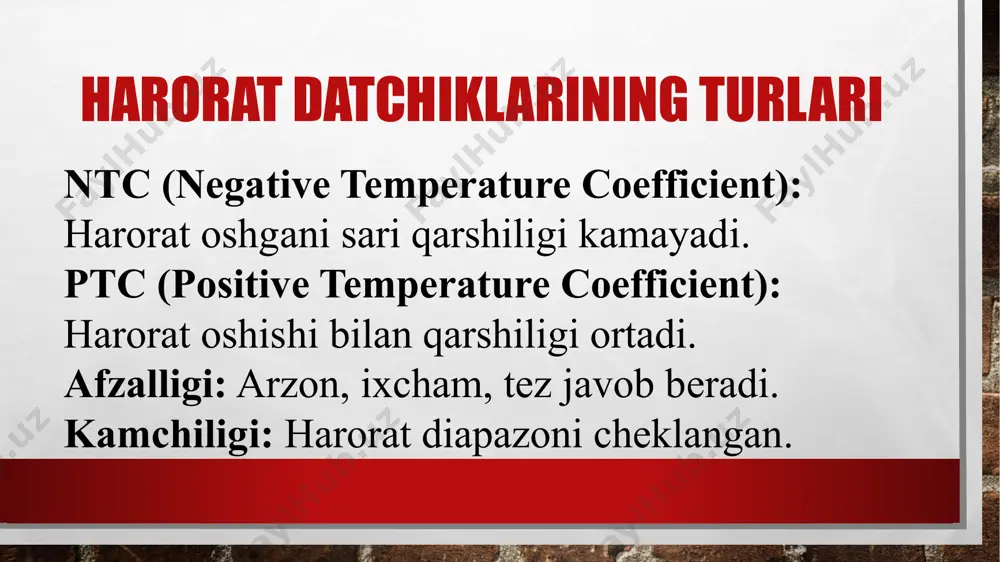 lanib borayotgani tufayli, harorat datchiklarining ahamiyati yanada ortmoqda. ularning yordami bilan energiyani tejash, xavfsizlikni oshirish va samarali boshqaruv imkoniyatlari yaratiladi. demak, harorat datchiklari kelajak texnologiyalarida ham o‘z o‘rniga ega bo‘lib qoladi. adabiyotlar ro‘yxati o‘ralov m. m. – "elektr va elektronika asoslari", toshkent, 2019 – elektron komponentlar va datchiklarning ishlash prinsiplari haqida tushuncha beradi. r. raxmonqulov – "avtomatika va telemexanika asoslari", toshkent, 2021 – avtomatik boshqaruv tizimlarida ishlatiladigan harorat datchiklari haqida ma'lumotlar mavjud. jahonov a., karimov m. – "asbobsozlik va datchiklar", toshkent, 2020 – datchiklar turlari, ularning texnik tavsifi va ishlash mexanizmlari yoritilgan. popov v. a. – "datchiklar va o‘lchov qurilmalari", moskva, 2018 (rus tilida) – harorat datchiklarining sanoatdagi qo‘llanilishi haqida chuqur yondashuv. image3.jpg image4.png image5.png image6.png image7.png /docprops/thumbnail.jpeg