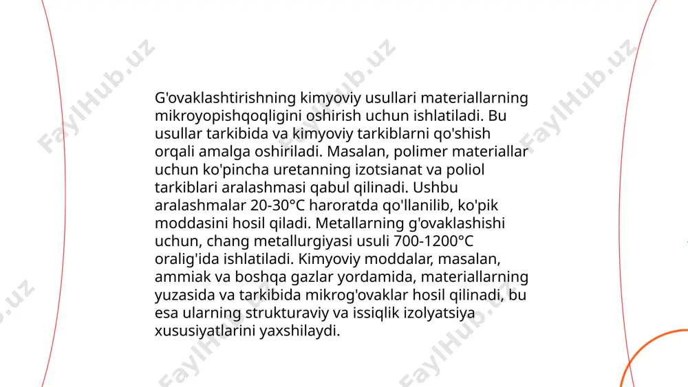 dorligini oshirishda ham muhim rol o'ynaydi. ... t.me/slaydai_bot biologik g'ovaklashtirish usullari tuproq unumdorligini oshirishda muhim rol o'ynaydi. ushbu usullar mikroorganizmlar, o'simlik qoldiqlari va boshqa biomateriallar yordamida tuproq strukturasini yaxshilaydi. g'ovaklik darajasi urug'larning nafas olishi va o'sishiga, shuningdek, suv va ozuqa moddalari kirib borishiga ta'sir qiladi. mikroorganizmlar organik moddalarning parchalanishini tezlashtiradi, bu esa tabiiy g'ovaklikni oshiradi. ushbu jarayonlar natijasida tuproqning havo o‘tkazuvchanligi va suv ushlab turish qobiliyati yaxshilanadi. optimal g'ovaklik 50-60% bo'lishi muhim, chunki bu tuproqning eng yaxshi ishlashiga yordam beradi. biologik g'ovaklashtirish atrof-muhitga zarar yetkazmasdan tuproqni sog'lomlashtiradi. ... t.me/slaydai_bot 7. elektroximik g'ovaklashtirish metodlari. elektroximik g'ovaklashtirish metodlari metall va yarimo'tkazgich materiallar yuzasida nazoratli g'ovaklar hosil qilish uchun qo'llaniladi. ushbu usullar anodli oksidlanish yoki elektroxitda erib ketish jarayonlariga asoslanadi. masalan, alyuminiy anodli oksidlanishi orqali anodli oksidli plyonka hosil qiladi, bu esa g'ovakli struktura shakllanishiga olib keladi. yarimo'tkazgichlarda, masalan kremniy uchun, elektroximik g'ovaklashtirish hf kislotada yuqori tok zichligida amalga oshiriladi. ushbu texnologiyalar nanoelektronika, …