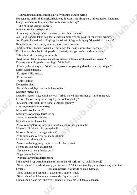 hlari biologiya faniga qo’shgan ishlari qanday? gulli o`simliklarning ko`payishi. gulli o‘simliklarda jinsiy ko‘payish. hayotning biokimyoviy evolutsiyasi qanday? hayvonlarning ahamiyati. hayvonlarni muhofaza qilish. hayvonlarning mineral oziqlanishi hayvonot olami. hujayra haqida tushuncha bering? hujayra nima? hujayraning ko’payishi. hujayraning ko’payishi. jinsiz va jinsiy ko’payish haqida ma’lumot bering? hujayraning tuzilishi, oziqlanishi va rivojlanishi. hujayraning tuzilishi, oziqlanishi va rivojlanishiga tarif bering. hujayraning tuzilishi. endoplazmatik to'r, ribosoma, golji apparati, mitoxondriya, lizosoma, hujayra markazi va to’qimalar haqida tushuncha bering? ildiz va uning vazifasi qanday? individul sinfdan tashqari ishlar. insonning biosferaga ta’sirini asosiy yo’nalishlari qanday? jan batist lamark tabiat haqidagi qarashlari biologiya faniga qo’shgan ishlari qanday? jorj kyuve, lamark tabiat haqidagi qarashlari biologiya faniga qo’shgan ishlari qanday? kalendar nima va u qanday omillarga asoslanib tuziladi? karl ber tabiat haqidagi qarashlari biologiya faniga qo’shgan ishlari qanday? karl linney tabiat haqidagi qarashlari biologiya faniga qo’shgan ishlari qanday? tabiatshunoslik fanining muammolari. karl linney tabiat haqidagi qarashlari biologiya faniga qo’shgan ishlari qanday? …