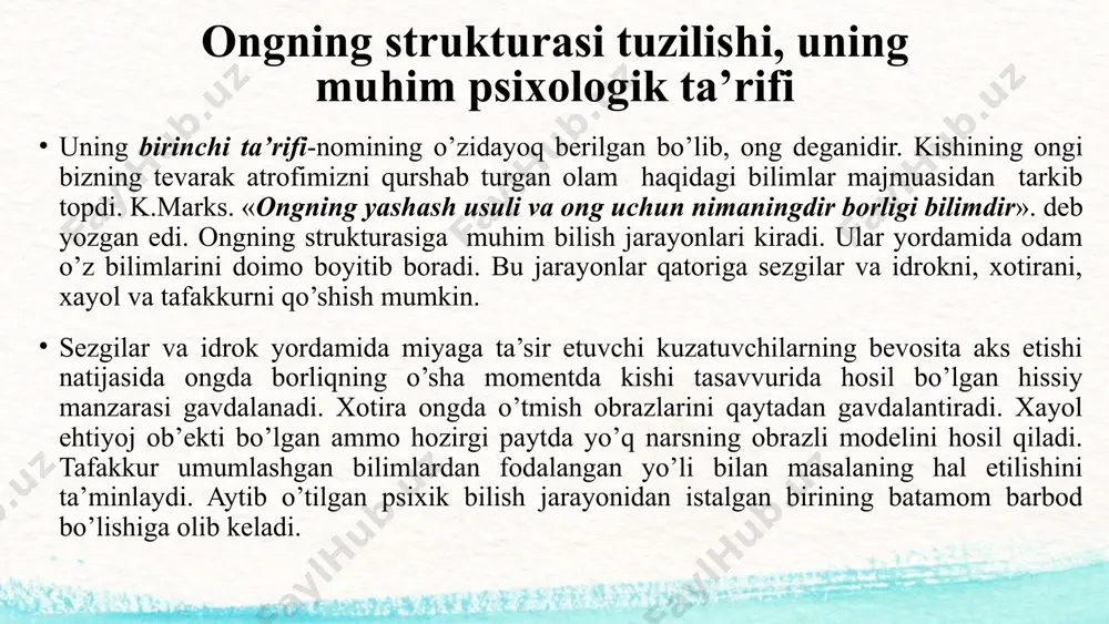 va vaqtini mo’ljal qilish, yaxlitligi yo’qoladi, hatti-harakatining nutq yordamida boshqarilshi buziladi. ongsizlikka quyidagi psixik holatlarni kiritish mumkin: uyqu paytida yuz beradigan psixik hodisalar (tush ko’rish) sezilmaydigan lekin haqiqatda ham ta’sir ko’rsatadigan kuzatuvchilarga javob reaktsiyalari: oldinlari ong harakat bo’lib, lekin takrorlanaverib avtomatlashib ketgan va shunga ko’ra endilikda anglanmaydigan bo’lib qolgan harakatlar faoliyatiga undovchi ammo maqsad hissidan anglanmaydigan ayrim moyillar, ongsizlik hodisalariga bemor kishining psixikasida ro’y beradigan ba’zi bir protologik hodisalarni-alahlash, ko’ziga yo’q narsalarning ko’rinishi kabilarni ham ko’rish mumkin. shularga, asoslanib ongsizlikning ongga qarama-qarshi deb hisoblash, uni hayvonlar psixikasiga tenglashtirish noto’g’ri bo’lar edi. image2.jpeg image8.png image9.jpeg image10.png image11.jpeg image12.jpeg image13.jpeg image14.jpeg image15.png image16.jpeg image17.jpeg image18.jpeg image19.png image3.jpeg image20.jpeg image21.jpeg image1.jpeg