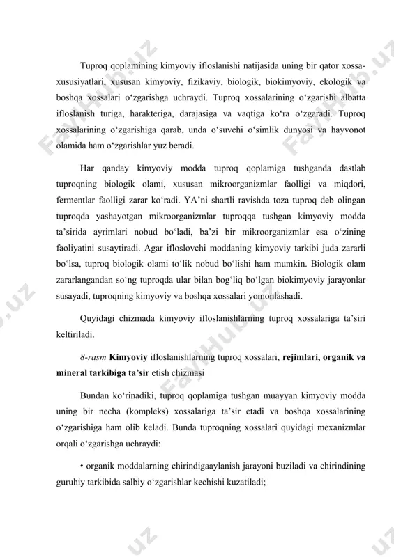 qa elementlarning (azot, fosfor va kaliy) harakatchan shakli keskin kamayadi; •tuproqning biologik faol moddalari ureaza, polifenoloksidaza, katalaza, invertaza va boshqa fermentlarining faolligi susayadi; • tuproqning nafas olish faolligi sustlashadi; • agrofizikaviy xossalarning o‘zgarishi natijasida tuproqning suv va havo rejimi izdan chiqadi; •tuproq qoplamida boradigan biokimyoviy jarayonlar o‘zgarishi hisobiga modsalar aylanish jarayoni buziladi; yuqoridagi holatlarni taxdil etgan holda aytish mumkinki, bu omillar oqibatida tuproq unumdorligi pasayadi va olinadigan qishloq xo‘jalik ekinlari hosilining miqdori va sifatiga ta’sir qiladi. tuproqning takrorlanmas xususiyatlaridan biri, tabiiy tarzda o‘zini o‘zi tozalashidir. ya’ni tuproq qatlamlariga tushgan og‘ir metallar, chiqindilar, pestitsidlar, neft va neft mahsulotlari, radioaktiv modsalar tuproqqa tushganda turli mikroorganizmlar tomonidan o‘zlmng‘iriladi. misol uchun, neft va neft mahsulotlarini parchalovchi bakteriyalar, og‘ir metallar va turli mineral tarkibli moddalarni parchalovchi mikroorganizmlar, chirituvchi hamda bijg‘ituvchi mikroorganizmlar tuproqning o‘zini o‘zi tozalash imkonini beradi. qanchalik tuproqning biologik olami boy bo‘lsa, tuproq qoplami shunchalik toza, unumdor va serhosil bo‘ladi. tuproqda mavjud barcha tirik …
