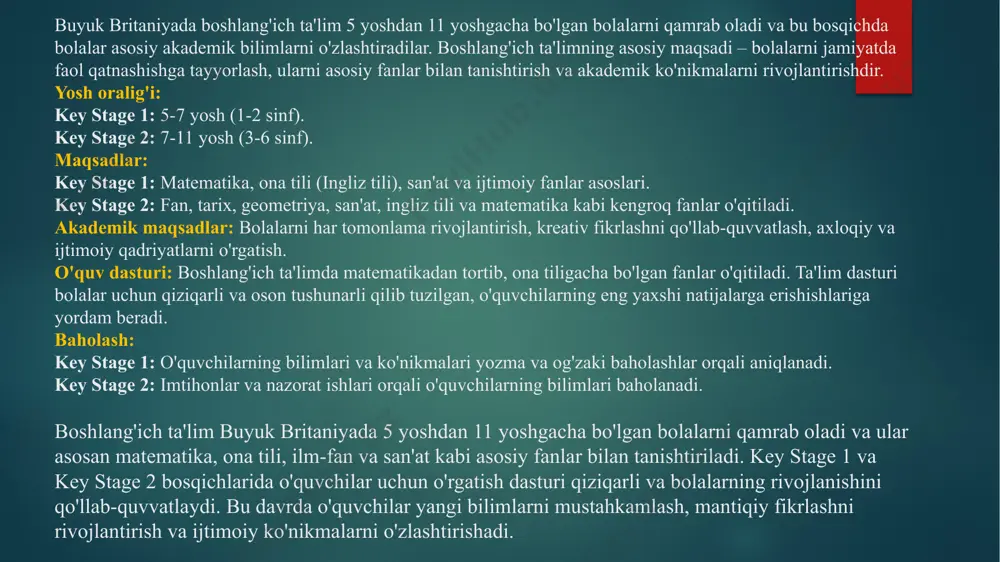 arini baholaydilar. bu bosqichda o'quvchilar ta'limda chuqurroq ixtisoslashish imkoniyatiga ega bo'lib, kelajakdagi o'qish va ish yo'nalishlarini tanlashadi. buyuk britaniyada maktabgacha ta'lim bolalar uchun muhim bosqichdir, chunki bu davrda bolalar ijtimoiy, hissiy va akademik ko'nikmalarni rivojlantirishni boshlaydilar. maktabgacha ta'lim 0-5 yosh oralig'ida bo'lib, bolalar uchun o'yin asosida ta'lim berish orqali o'z-o'zini ifodalash, mantiqiy fikrlash va asosiy bilimlarni o'rganishga imkon yaratadi. yosh oralig'i: 0-3 yosh: nursery settings (bolalar bog'chasi, uyda parvarish qilish). 3-5 yosh: reception classes (maktabgacha bo'lgan yil), 4-5 yoshdagi bolalar uchun tayyorgarlik sinfi. maqsadlar: bolalarni o'zaro munosabatlar o'rnatishga, ijtimoiy ko'nikmalarni rivojlantirishga, va o'z-o'zini boshqarishga o'rgatish. ularni o'qish va yozish kabi boshlang'ich akademik ko'nikmalarga tayyorlash. emosional va ijtimoiy rivojlanishni qo'llab-quvvatlash. ta'lim metodlari: o'yin asosida ta'lim: bolalar o'yin orqali yangi ko'nikmalarni o'rganadilar. o'yinlar nafaqat qiziqarli, balki bolalar uchun asosiy bilimlarni o'zlashtirishga yordam beradi. o'z-o'zini ifodalash: bolalar o'z fikrlarini, hissiyotlarini va istaklarini ifodalashni o'rganadilar. maktabgacha ta'lim turlari: nursery: yashash joylarida yoki maxsus tashkil …