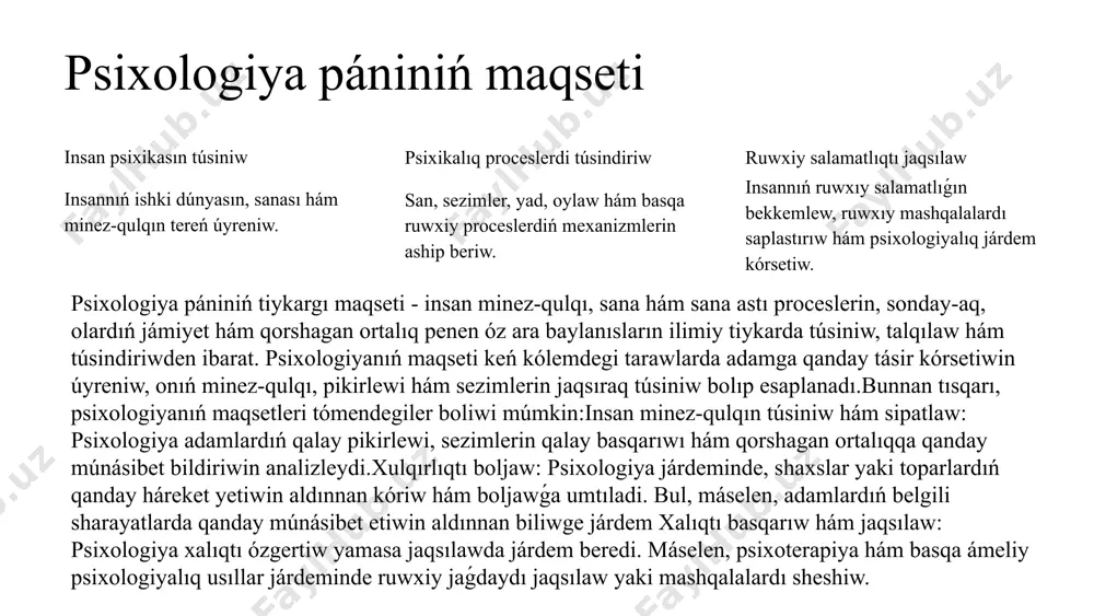 ı jaqsıraq túsiniw hám qatnasıqlardı bekkemlew. kásiplik rawajlanıw óz potencialın ashıw, nátiyjeli islew hám tabıslı karyera quriw. sociallıq payda jámiyettiń turaqlı rawajlanıwına úles qosıw, sociallıq mashqalalardı sheshiw hám basqalarǵa járdem beriw. 9 psixologiya pánin úyreniw imkaniyatları universitetlar psixologiya boyinsha bakalavr, magistr hám doktor dárejelerin aliw. konferenciyalar psixologiya tarawındaǵı jańa bilimler menen tanısıw, qánigeler menen baylanıs ornatiw. kitapxanalar psixologiya pánine tiyisli kitaplar hám maqalalardı oqıw, bilim hám magliwmatlardı toplaw. 10 psixologiya fanining kelajagi psixologiya pániniń keleshegi jarqın. ilimiy izertlewler, texnologiyalar hám insan psixikasın túsiniwdegi jańa qatnaslar ilimniń jáne de rawajlanıwına alıp keledi. psixologiya pániniń keleshegi júdá perspektivalı hám keń imkaniyatlarga iye. insannıń ruwxıy jaǵdayı, minez-qulqı, sezimleri hám pikirlew proceslerin tereńirek úyreniw, jańa ilimiy texnologiyalar hám metodlardıń rawajlanıwı, sonday-aq, social hám ekologiyalıq ózgerisler psixologiya tarawınıń keleshegin qáliplestiredi. psixologiyanıń keleshegi haqqında bir neshe tiykarģı bagdarlardı kórip shiģiw múmkin:1. nevropsixologiya hám neyropsixologiyanıń rawajlanıwı psixologiyanıń keleshekte neyrofanlar, nerv sisteması hám miydiń jumısın úyreniw júdá úlken …