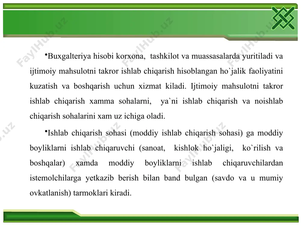sotish obyekti sifatida dexkonlar xam kiradi. sotsializmda ijtimoiy, umumdavlat mulkining doiraviy aylanishi buxgalteriya hisobining predmeti bulib hisoblangan. buxgalteriya hujjatlarining katta qismi murakkab (farmoyish beruvchi-ijroiya)dir masalan, kreditga farmoyish beruvchilar tomonidan imzolangan ish haqini to`lash qaydnomasi. xazinagir uchun farmoyish beruvchi hujjat bo`ladi, ish haqqi berilib bo`lgandan keyin qaydnoma ijroiya (oqlovchi) hujjat maqomini oladi. hisobli rasmiylashtirish hujjat buxgalteriya provodkasi (hisob raqami korrespondentsiyasiga) ega. ularga yodgorlik ordenlari, shifrni oluvchi vazifalar kiradi. moddiy hujjatlar tovar-moddiy boyliklar (materiallar, yonili, idishlar, ehtiyot qismlar, nim mahsulotlar, tayyor mahsulotlar)ning harakati bo`yicha operatsiyalarni rasmiylashtiradi. hisob-kitob hujjatlari korxonaning o`z kontragentlari bilan vujudga kelgan majburiyatlar (masalan, hisob-raqamlar, schyot-fakturalari, to`lov talablari, topshiriqnomalari) bo`yicha o`zaro hisob-kitob munosabatlarini rasmiylashtirish uchun xizmat qiladi. yagona birlamchi hujjat bitta xo`jalik operatsiyasi bo`yicha axborotlar manbai, yig`ma esa vaqtning belgilangan qismi (kun, hafta, oy)dagi bir turli xo`jalik operatsiyalarini butun majmuasi haqidagi axborotlar manbai bo`ladi. yagona birlamchi hujjat bitta xo`jalik operatsiyasi bo`yicha axborotlar manbai, yig`ma esa vaqtning belgilangan qismi (kun, hafta, …