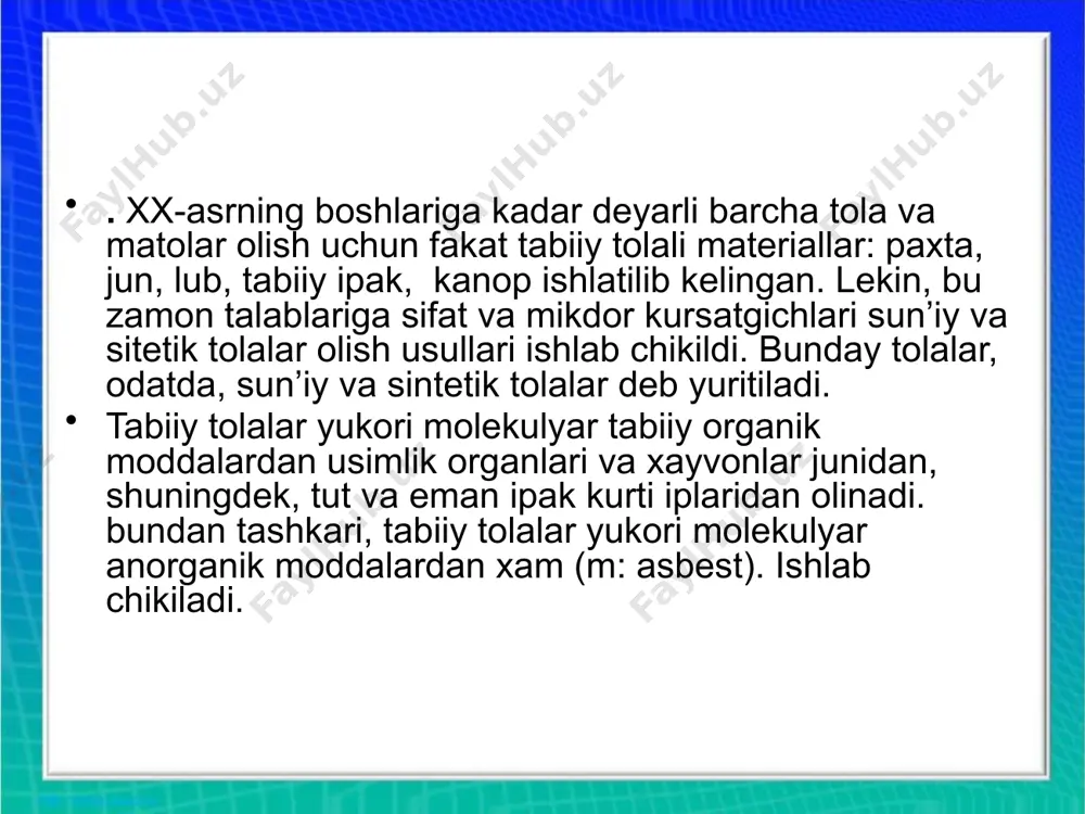 a tolalarning pishiqligi tabiiy ipaknikidan past, juda pishiq viskoza tolalaridan esa ancha yuqori. oddiy tolalarning nisbiy uzilish nagruzgasi 9,8 kn/teks; juda pishiq tolalarniki 45 kn/teksgacha, ho'1 holatda pishiqligi 50-60% gacha pasayadi. normal tolalarning uzilishdagi uzayishi 22%ga, juda pishiq tolalarniki 6 - 10% gayetadi. to`liq uzayishning anchagina qoldiq deformatsiya tashkil etadi. shuning uchun viskoza tolalardan tayyorlangan buyumlar ancha g`ijimlanuvchi bo`ladi. polinoz tola. polinoz tola viskoza shtapel tolaning bir xili bo`lib, xossalari jihatidan uzun tolali paxta tolalarining xossalariga yaqin turadi. polinoz tolalar ishlab chiqarish jarayoni oddiy viskoza tolalar olish jarayoniga o`xshaydi. polinoz tolalarning asosiy ko`rsatkichlari: chiziqii zichligi 0,166 - 0,126 teks, uzilishdagi uzayishi 12 - 14%, ho'l holatda pishiqligini yo`qotish 20 - 25%. polinoz tolalar qimmatli xossalari ularni uzun tolali, a'lo navli paxta o`rniga ishlatishga va viskoza tolalardan tayyorlanadigan buyumlar ishlab chiqarishga imkon beradi. kuylak va plashlik gazlamalar, mayin trikotaj polotnolar, g`altak iplar ishlab chiqarishda polinoz tolalardan sof holda ham, paxta bilan …