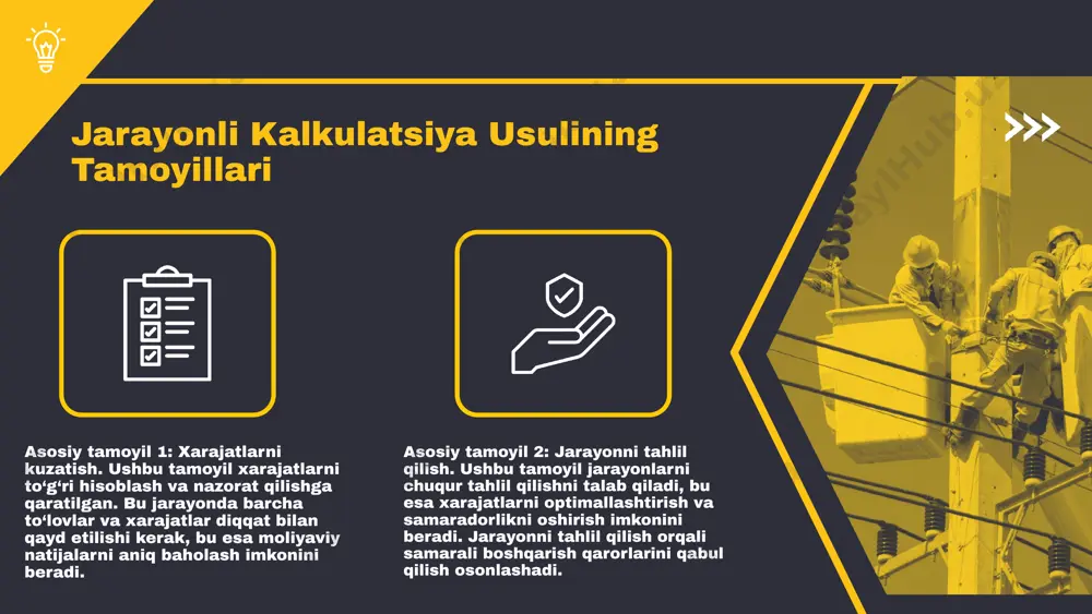 li iqtisodiy jarayonlarni hisobga olishda muhim hisoblanadi. 2. xarajatlarni kuzatish va jarayonni tahlil qilish usuli asosiy tamoyillardir. 3. iqtisodiy samaradorlikni oshirish va xarajatlarni kamaytirish, lekin murakkablik va vaqt talab etishi muhim kamchiliklardir. 4. jarayonli kalkulatsiya usulining amaliy qo'llanilishi va natijalari haqidagi misollar muhim ahamiyatga ega. 5. iqtisodiy, ijtimoiy va texnologik o'zgarishlar jarayonli kalkulatsiya usuli uchun yangi imkoniyatlar yaratadi. q&a image1.png image2.png image3.png image4.png image5.png image23.jpeg image6.png image7.png image8.png image24.jpeg image25.jpeg image22.png