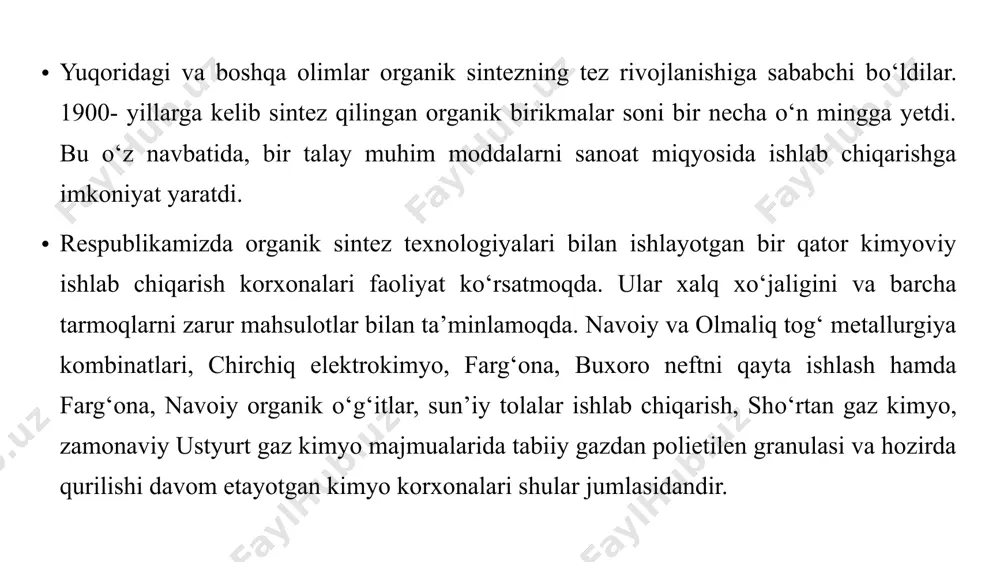 rixiy ahamiyatga ega bo’ldi, bertlo agar vodorodli muxitda ko’mir elektrodlar orasida elektr yoyi vujudga keltirilsa, vodorod 2500°c da uglerod bilan birikib asetilen, metan va etan hosil qilishini ko’rsatdi. 1862 yilda f. veler kalsiy karbiddan asetilen olishni kashf etdi. 1892 yilda a. muassan ko’mir bilan ohak aralashmasini elektr yoyli pechda qizdirib kalsiy karbid xosil qildi. kalsiy karbid hosil qilishning bu usuli va undan asetilen ishlab chiqarish sanoatda 1895—1896 yillarda o’zlashtirildi. hozirgi paytda asetilen kalsiy karbiddan va metanni krekinglab olinadi. 50-yillarga qadar asetilenning hammasi tuzilishi kalsiy karbid cac2 dan (kalsiy asetilenidan) olinar edi. kalsiy karbidni parchalash yo’li bilan asetilen ishlab chiqarish. karbid usuli bilan asetilen ishlab chiqarish asetilen generatorlarida ho’l va quruq usulda quyidagi reaksiyaga ko’ra amalga oshiriladi: cac2+2h2o = c2h2+ca(oh)2 + 130 kj kalsiy karbid olish uchun so’ndirilmagan oxak ko’mir bildan birga elektr pechda qizdiriladi: cao+3c = cac2+co toza kalsiy karbid — oq modda, unda asetilenning metalli hosilalaridan ko’pchiligiga xos bo’lgan …