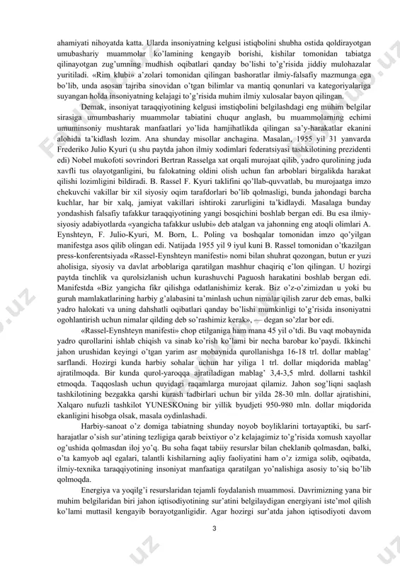 tli ravishda «intersotsial» muammolar deb hisoblanadi. ular urush va tinchlik, mehnat resurslaridan foydalanish darajasi va shu kabilarni ham qamrab oladi. ikkinchidan, «inson va jamiyat» o’rtasidagi munosabat bilan bog’liq muammolar bo’lib, bularga ilmiy-texnika taraqqiyoti (itt); maorif va madaniyat; aholi ko’payishining tez sur’atlar bilan ildam ketishi («demografik portlash», kishilar salomatligini saqlash, kishi organizmining nihoyatda tez o’zgarib borayotgan ijtimoiy muhitga moslashishi) shuningdek, insoniyatning kelajagi kabi masalalarni kiritish mumkin. uchinchidan, «inson — tabiat» munosabatlariga esa xom-ashyo resurslarini tejash, aholini oziq — ovqat va ichimlik suvi bilan ta’minlash, tabiatni muhofaza qilish kabi muammolar kiradi. bu guruh muammolar ijtimoiy omillar tasirida vujudga keladi, ularni hal qilishda esa ijtimoiy omillarning o’rnini va ahamiyatini to’g’ri anglagan holdagina masalaning tub mohiyatini tushunish mumkin. xuddi shuningdek, sof ijtimoiy global muammolarning echimida tabiiy omillarning bu jarayonga bevosita ulanib ketishini ham nazardan soqit qilmaslik kerak. ham ijtimoiy, ham tabiiy omillar asosida yuzaga chiqadigan umumbashariy (global) muammolar bir butunlikni tashkil etib, ularga har …