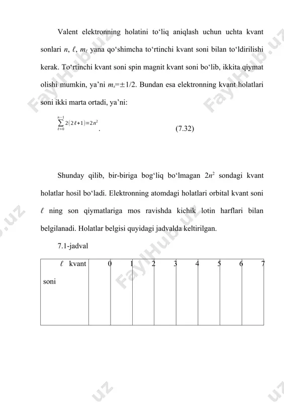linadi. shunday qilib, ishqoriy metall atomining vodorodsimon atomdan farqli ℓ ni ℓ* bilan almashtirilishidir. bunday holda ishqoriy metallar energetik sathlari energiyasi quyidagicha aniqlanadi: , (7.42) (7.42) formulada bosh kvant son n: . (7.43) u vaqtda (7.42) formulani quyidagicha yozish mumkin: , (7.44) bunda =ℓ*–ℓ, – kattalik bosh kvant son n ga tuzatmadir. bu tuzatma orbital kvant son ℓ ga bog‘liq. bundan ko‘rinadiki, ishqoriy metallar atomlarida sathlar energiyasi bosh kvant soni n ga va orbital kvant soni ℓ ga bog‘liq. c doimiy kattalik ham ℓ ga bog‘liq. tuzatmaning li, na, k uchun hisoblangan qiymatlari 7.2-jadvalda keltirilgan. demak, tuzatma ishqoriy metallar energetik sathlari energiyasining ℓ ga bog‘liqligini hisobga oladigan kattalikdir. 7.2-jadval elementlar ℓ=1 ℓ=2 ℓ=3 litiy 0,41 0,04 0,00 natriy 1,67 0,38 0,01 kaliy 2,23 1,77 0,15 spektral termlar. atom tuzilishining bor nazariyasiga asosan ℓ ning maksimal qiymati doiraviy orbitaga to‘g‘ri keladi, minimal qiymati esa tortilgan elliptik orbitaga to‘g‘ri keladi. bunday holda …