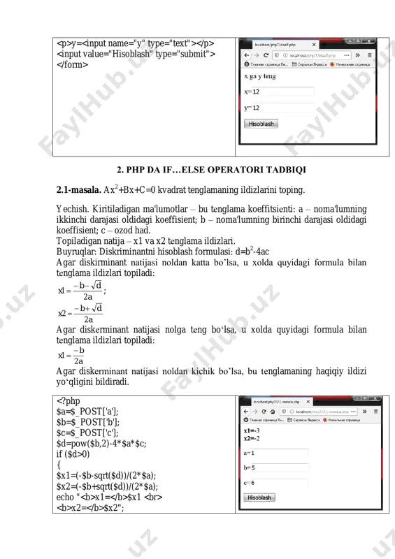 an tekislikdagi shaklga tegishlimi? yechish. koordinatalari quyidagi shatrlarni qanoatlantiradigan nuqtalar berilgan shaklga tegishli bo‘ladi: 1 yx 9-rasm -1) and ($x -1) and ($y koordinata x= koordinata y= 2.7-masala. lakmus qog‘ozidan foydalanib eritma muhitini aniqlang. yechish. ma’lumki, eritmaga tushirilgan lakmus qog‘ozi qizil bo‘lsa, eritma kislotali; ko‘k bo‘lsa, ishqorli; aks holda eritma neytral bo‘ladi. lakmus qog`ozi rangi a= $c) { echo "kvadratning yuzi katta"; } else { echo "doiraning yuzi katta"; } ?> kvadratning tomoni a= doiraning radiusi r= 2.9-masala. quyidagi funksiyani hisoblang: x>0 bo‘lganda 1 ga teng; x=0 da nolga teng; x 0) { echo "funksiyaning qiymati = 1"; } elseif ($x==0) { echo "funksiyaning qiymati = 0"; } else { echo "funksiyaning qiymati = -1"; } ?> funksiyaning qiymati x= 2.10-masala. berilgan n sonli yil kabisa yili bo‘lishi yoki bo‘lmasligini aniqlang. agar n soni 100 ga karrali son bo‘lmasa va uning oxirgi ikki raqami 4 ga karrali son bo‘lsa, u …
