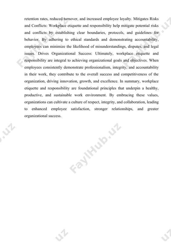 ution: workplace etiquette involves handling conflicts and disagreements diplomatically and constructively. this includes actively listening to others' perspectives, seeking common ground, and finding mutually acceptable solutions to conflicts. diplomacy: diplomacy involves navigating sensitive situations with tact, discretion, and sensitivity. it requires being mindful of others' feelings and perspectives, refraining from unnecessary confrontation, and maintaining professionalism even in challenging circumstances. adaptability and flexibility: adaptability: workplace etiquette involves being adaptable and flexible in response to changing circumstances and requirements. this includes being open to new ideas, willing to learn new skills, and embracing change with a positive attitude. flexibility: flexibility entails being responsive to the needs of the organization and willing to adjust one's schedule or priorities as necessary. employees who demonstrate flexibility contribute to a dynamic and resilient workplace environment. by focusing on these core elements of workplace etiquette, employees can cultivate a culture of respect, professionalism, and collaboration, leading to …