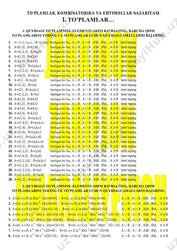 rilgan bo’lsa, a b , a b , a\b , b\a , a b larni toping. 19. a={1,4} , b={a,b,c} berilgan bo’lsa, a b , a b , a\b , b\a , a b larni toping. 20. a={1,6} , b={a,b,c} berilgan bo’lsa, a b , a b , a\b , b\a , a b larni toping. 21. a={1} , b={a,b,c,d} berilgan bo’lsa, a b , a b , a\b , b\a , a b larni toping. 22. a={1,2} , b={a,b,c,d} berilgan bo’lsa, a b , a b , a\b , b\a , a b larni toping. 23. a={1,5} , b={a,b,c,d} berilgan bo’lsa, a b , a b , a\b , b\a , a b larni toping. 24. a={1,2,3} , b={a,b} berilgan bo’lsa, a b , a b , a\b , b\a , a b larni toping. 25. a={1,4,5} , b={a,b} berilgan bo’lsa, a b , a b , a\b , …