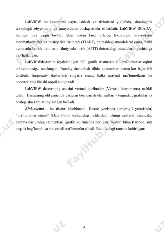 dastur yaratishga mo’ljallangan. interfeysli panel - bu foydalanuvchi interfeysidir. hosil bo’lgan interfeys paneli yordamida grafik elementlarni boshqarish va kirish-chiqish elementlari bilan bog’langan turli xildagi indikator asboblari o’rnatiladi. boshqarish elementlari- bu rostlagichlar, polzunli qurilmalar, tugma va boshqa ishga tushirish vositalari. indikatorlar- bu grafiklarni qurish va natijalarini olish, signallash qurilmalari va boshqa elementlar. old oynaga o’rnatilgan boshqarish elementlari va indikatorlar ikkinchi diagrammani tahrirlash oynasida ularga mos ikonkalar bilan ifodalanadi, ya’ni har bir interfeys panelida o’rnatilgan elementga, tahrirlash oynasida mos ikonka (terminal) mavjud bo’ladi. bu oynada dastur yoziladi va grafik kod vi yaratiladi. interfeys oynadagi boshqarish elementi o’chirilsa, diagrammani tahrirlash oynasidagi unga mos ikonka (terminal) ham yo’qoladi.[footnoteref:2] [2: б. патон. labview: основы аналоговой и цифровой электроники. издательство nationalinstruments, 2002. - 192 с.] ikonka yoki terminallar - boshqarish elementlari yoki indikator ma’lumotlarining turini ko’rsatadi. terminallar interfeyslar paneli va diagrammalar o’rtasidagi bog’liqlikni amalga oshiradi. funksiya– bu bir yoki bir qancha kirish va chiqishlari ega bo’lgan …