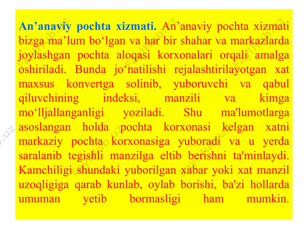 rlab, keyin elektron pochta orqali jo‘natishi maqsadga muvofiqdir. pochta serveri ham o‘zining matn terish oynachasiga ham ega bulib, xabarni shu oynada yozish mumkin. pochta qutisi – bu foydalanuvchi uchun elektron pochta xizmatini taqdim etuvchi kompyuterda qayd qilingan nomdir. ushbu nom kompyuter xotirasida papka ko‘rinishida shakllantiriladi va u o‘zida kiruvchi va chiquvchi xabarlarni vaqtinchalik saqlaydi. elektron pochta manzillaridagi elektron pochta manzili belgisidan ( __@___.__ ) oldin kelgan yozuv pochta qutisi nomini anglatadi. xabarlarning turlari. xabarlar turli ko‘rinishda bo‘lishi mumkin masalan: matn, grafik, rasm, ovoz va video ma'lumotlar. yuborilishi rejalashtirilayotgan ma'lumotlarning hajmi bo‘yicha ham chegaralanish mavjud. har bir pochta provayderi o‘zining siyosatiga ega bo‘lib bitta xabarning 2, 5, 10 mb hajmgacha bo‘lgan xabarlarni yuborishni ta'minlaydi. agarda bu hajm oshib ketsa katta hajmdagi xabarlarni rar yoki zip dasturlari yordamida arxivlab yuborish tavsiya etiladi. xabarlarni uzatish va qabul qilish. tashkil qilingan elektron pochta orqali boshqa elektron manzilga xat jo‘natish ketma-ketligini ko‘rib chiqamiz: dastlab, mail.ru …