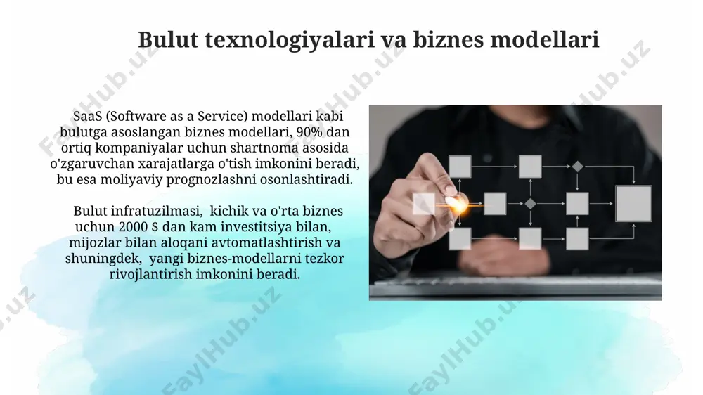 ategiyasining muvaffaqiyatli amalga oshirilishi kompaniyaning mijozlarning sadiqdligiga erishish darajasini 25% ga oshirib, sotuvlar hajmini ko'paytiradi va brend obro'sini mustahkamlaydi. zamonaviy crm platformalari 100 000 dan ortiq aloqa nuqtalarini boshqarishga qodir bo'lib, mijozlar haqidagi to'liq ma'lumotlar bazasini yaratadi va marketing kampaniyalarining samaradorligini yaxshilaydi. raqamlilashtirishning iqtisodiy samaradorligi avtomatlashtirish tufayli xatoliklar soni 10% dan 5% gacha kamayib, ish sifati va mijozlar qoniqish darajasi ortadi, natijada biznes obro'si yaxshilanadi. raqamlilashtirish operatsion xarajatlarni 15-25% gacha kamaytirishi, ish samaradorligini esa 20-30% ga oshirishi mumkin, bu esa yuqori rentabellikka olib keladi. zamonaviy biznes modellari tuzilmasi zamonaviy biznes modellari ko'pincha 3-5 ta asosiy blokdan iborat bo'lib, ular mijozlar qiymat taklifi, infratuzilma, daromad oqimlari va raqobatbardosh ustunliklarni o'z ichiga oladi. digitalizatsiya tufayli, biznes modellarning 70% dan ortig'i ma'lumotlarga asoslangan tahlillar va avtomatlashtirishni qo'llash orqali o'zgarib, samaradorlikni oshirmoqda. e'tiboringiz uchun rahmat @taqdimot_robot image2.jpg image3.jpg image4.jpg image5.jpg image6.jpg image7.jpg image8.jpg image9.jpg image10.jpg image11.jpg image1.png
