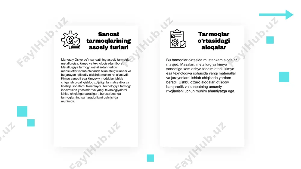 lotlar ishlab chiqarish. - sifatni yaxshilash: mahsulot sifatini oshirish orqali raqobatbardoshlikni kuchaytirish. raqobatbardosh tarmoqlarni aniqlash va tahlil qilishda, ichki va tashqi omillarni, shuningdek, raqobatchilarni o'rganish zarur. buning natijasida kuchli va zaif tomonlar aniqlanadi va strategik rejalashtirish uchun asos yaratiladi. iqtisodiy barqarorlik va og'ir sanoat og'ir sanoat iqtisodiy barqarorlikka muhim ta'sir ko'rsatadi. u mamlakatning ish o'rinlarini yaratish, eksport imkoniyatlarini kengaytirish va ichki bozorni mustahkamlashda muhim rol o'ynaydi. barqaror o'sish va rivojlanish uchun quyidagi shartlar zarur: 1. investitsiyalarning ko'payishi - bu yangi texnologiyalarni joriy etish va ishlab chiqarishni kengaytirish imkonini beradi. 2. innovatsion texnologiyalarning joriy etilishi - bu ishlab chiqarishni samarali va raqobatbardosh qiladi. 3. malakali kadrlar tayyorlash - bu sanoatning barqaror rivojlanishi uchun asosiy omil hisoblanadi. o'zbekistondagi iqtisodiy barqarorlik holati: • sanoat ishlab chiqarishining o'sishi • tashqi savdo muvozanatining yaxshilanishi • investitsiya muhitining yaxshilanishi • yangi texnologiyalarni joriy etish. og'ir sanoat va ijtimoiy mas'uliyat og'ir sanoat ijtimoiy rivojlanish jarayonida muhim rol …