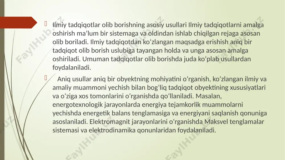 ng tabiiy xususiyatlari va munosabatlari (bog‘liqliklari) xususida bizga ma’lumot beradi. bu natijalar sub’yektning irodasi, sezgilari va istaklariga bog‘liq emas. qiyoslash – bilishning keng tarqalgan usuli, «barcha narsalar qiyoslanganda bilinadi» tamoyiliga asoslanadi. masalan,tuli seriyali elektr motorlarni ishga tushish toki bo‘yicha taqqoslash. qiyoslash natijasida bir qancha obyektlar uchun umumiy va xos bo‘lgan jihatlar aniqlanadi. bu ma’lumki, qonuniyatlar va qonunlarni bilish yo‘lidagi birinchi qadamdir. qiyoslash samarali bo‘lishi uchun ikki asosiy talabga amal qilinishi zarur: deduksiya va induksiya tadqiqot obyektini o‘rganishda mantiqiy xulosalashda o‘ziga xos «tahlil va sintez» hisoblanadi. deduksiya umumiydan xususiyga bo‘lgan mantiqiy xulosalarga asoslanadi. masalan, temir, qalay va misning issiqdan kengayishi tajribada aniqlanib, unga asoslanib barcha metallar issiqdan kengayadi, degan xulosaga kelishdir. bu usul matematika va mexanikada umumiy qonunlar yoki aksiomalarda xususiy bog‘liqliklar chiqarilayotganda keng qo‘llaniladi. deduksiyaga qarama-qarshi bo‘lib induksiya hisoblanadi. bu ikki usul ham tahlil va sintez usullari singari ilmiy-tadqiqotda bir-biri bilan bog‘liq va bir-birini to‘ldiradi. modellashtirish – tadqiqot obyektining ayrim …
