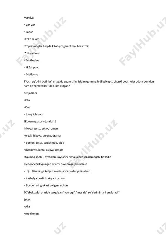i bolakay» qissasi muallifi? a.oripov = g’.g’ulom = oybek = p.mo’min ?”meni kichik demangiz, kamsitmangiz kuchimni, bosqinchidan olgumdir xalq qasosi – o’chimni! ushbu misralar muallifini aniqlang." z.diyor = p.mo’min =q. muhammadiy =g’.g’ulom ?«har bir maqolda men shu maqolni yaratgan xalqning siymosini ko’raman» - satrlari kimning qalamiga mansub? l.n.tolstoy =a.s.pushkin =oybek =j,svift ?xalq og’zaki ijodining pedagogika bilan bog’lanishi nimadan boshlanadi? maqol = topishmoq = alla = ertak ?tirishgan tog’dan oshar. ushbu matn janrini aniqlang. gapda ega qanday so’z bilan ifodalangan? maqol; sifatdosh =maqol; sifat =topishmoq; ravishdosh; =tez aytish; fe’l ?ishqiy sarguzasht tipidagi ertaklarda madh etiladigan asosiy mavzu nima? vafodorlik =sofdillik = qahramonlik =vatanparvarlik ?navoiy astrabodda surgunda yurganida hukmdorlardan qaysi biriga yozgan xatida o’g’il va qiz bolalar uchun maktablar ochishni talab qilgan? h.boyqaroga = abusaidga = abulqosim boburga = umarshayh mirzoga ?«hayrat – ul abror» qanday doston? falsafiy-ta’limiy = fantastik = didaktik = ilmiy ?1929 yilda 115 o’zbek xalq topishmog’ini kim nashr …