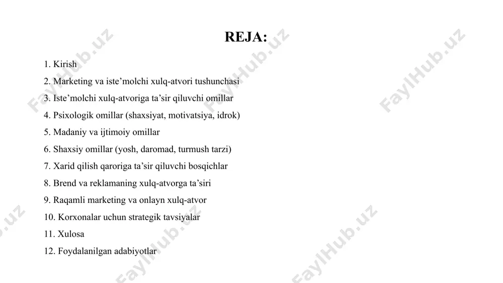 ati paydo bo‘lgan. xulq-atvorni o‘rganish orqali korxonalar quyidagi maqsadlarga erishadi: to‘g‘ri bozor segmentini aniqlash, samarali reklama xabarlarini yaratish, yangi mahsulotlar ishlab chiqish, iste’molchi ehtiyojini oldindan bilish, sodiq mijozlar bazasini shakllantirish hamda brend imijini mustahkamlash. marketingda xulq-atvorni o‘rganish nafaqat nazariy ahamiyatga, balki amaliy va iqtisodiy jihatdan ham beqiyos ahamiyatga egadir .yuqoridagi jihatlar marketing fanida xulq-atvorga asoslangan yondashuvni markaziy o‘ringa olib chiqmoqda. shunday ekan, bugungi raqobatbardosh muhitda muvaffaqiyatli kompaniyalar aynan kimga, nima uchun, qanday mahsulotni qanday yo‘l bilan taklif qilayotganini chuqur o‘rganib, o‘z strategiyasini iste’molchi markaziga asoslangan holda qurmoqda. marketing va iste’molchi xulq-atvori tushunchasi marketing — bu faqatgina mahsulot yoki xizmatni sotish emas, balki iste’molchining ichki ehtiyojlarini aniqlash, ularni qondiradigan qiymat yaratish, to‘g‘ri kommunikatsiya vositalari orqali mijoz ongida ijobiy tasavvur shakllantirish va unga mos taklifni yetkazishdan iborat jarayondir. marketing jarayonining markazida har doim mijoz turadi. ular qanday mahsulotga muhtoj, qanday narxga tayyor, uni qayerdan va qanday uslubda olishni xohlaydi – bularning barchasi …