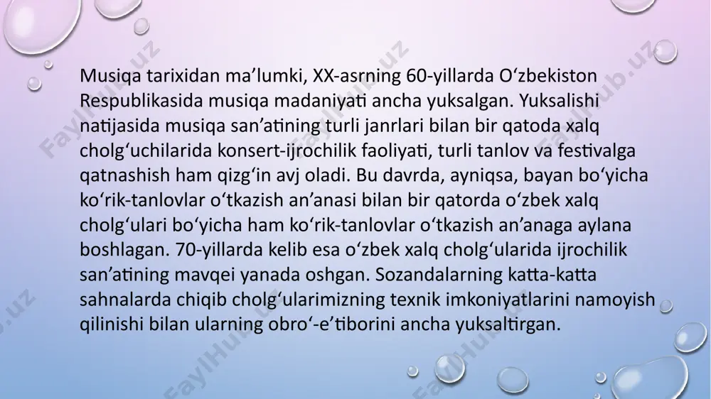 spublika ko‘rik-tanlovi bo‘lib o‘tgan va unda jami 99 ijrochi ishtirok etgan. o‘zbekistonda xizmat ko‘rsatgan san’at arbobi, kompozitor sobir boboyev raislik qilgan mazkur musobaqada 18 nafari g‘oliblikni qo‘lga kiritgan. o‘z iqtidorini namoyish etib g‘olib bo‘lgan sozandalarning ijro etgan rang-barang asarlari o‘zining mazmun-mohiyati, musiqiy-badiiy xusuiyatlari bilan alohida ahamiyat kasb etgan, xususan, ularni ijrosida milliy musiqa asboblarimizning texnik imkoniyatlari, ijroviy bezaklari, dinamik rang-barangligi namayon etilgan. 1984-yil fevral oyida iv respublika ko‘rik-tanlovi o‘tkazilgan. o‘zbekiston xalq artisti, kompozitor sayfi jalil hay’at raisi bo‘lgan mazkur ko‘rik-tanlovda 79 nafar ijrochilar ishtirok etgan. bu ko‘rik-tanlov oldingi ko‘rik-tanlov talablari va qoidalari bilan farq qilgan. ko‘rik-tanlov uch bosqichdan iborat bo‘lib uchinchi bosqichda ko‘rik-tanlov g‘oliblari “bahor” konsert zalida t.jalilov nomidagi o‘zbek xalq cholg‘ulari orkestri jo‘rligida tanlov dasturini tomoshabinlar qarshisida ijro etgan. ko‘rik-tanlovning bunday ko‘rinish olganligini ijobiy baholash mumkin. chunki har qanday cholg‘u ijrochisi uchun orkestr jo‘rligida o‘z dasturini namoyish etishi oson bo‘lmaydi. buning uchun ko‘p mashq qilish, o‘z ustida ishlash, orkestr …